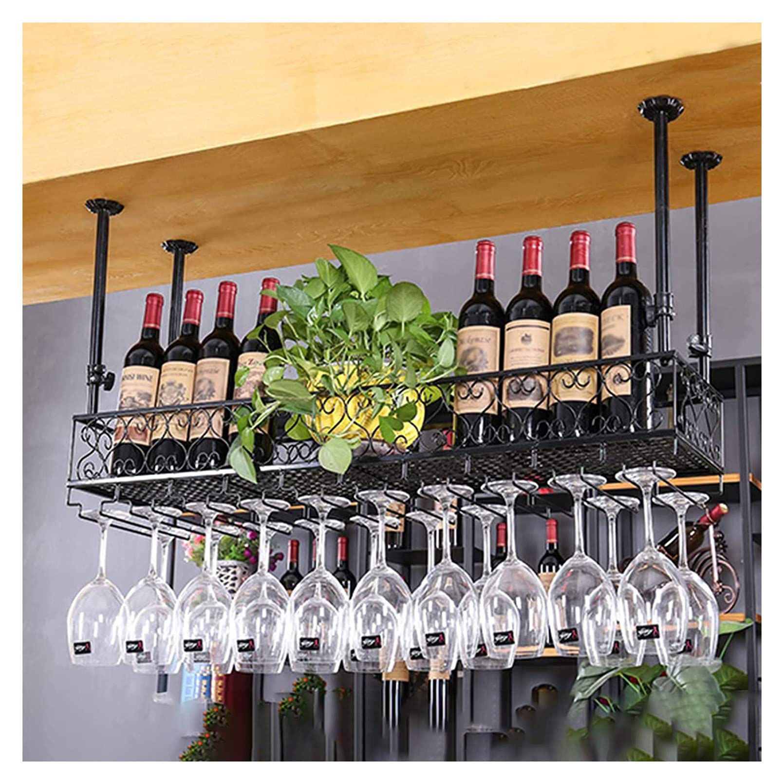 Étagère à vin de plafond en fer suspendue pour bouteilles et verres à pied de cuisine