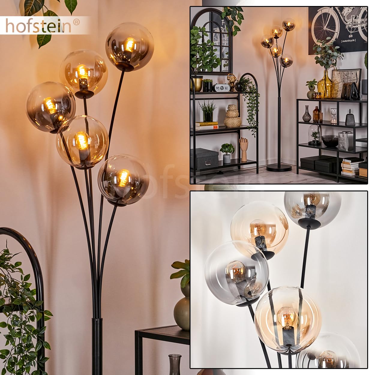 Stehleuchte Gastor, Stehlampe aus Metall/Glas in Schwarz/Bernstein/Rauch/Klar, Leuchte im Retro/Vintage-Design mit Schirmen aus Glas (Ø 15 cm) u. Fußschalter, Höhe 169 cm, 5 x E14, ohne Leuchtmittel