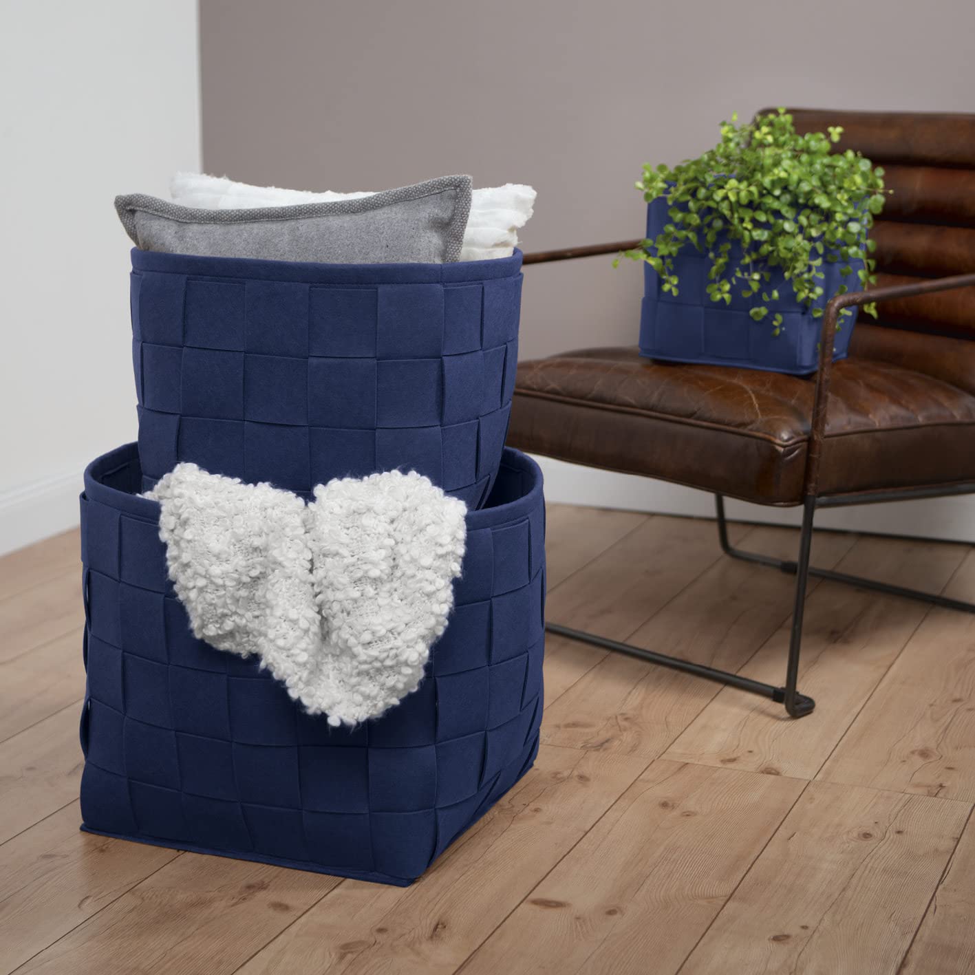Cesta in feltro 24x24x24 cm | Ideale per legna da camino e riviste | Resistente e versatile | Cesta pieghevole adatta per scaffali [Blu scuro]