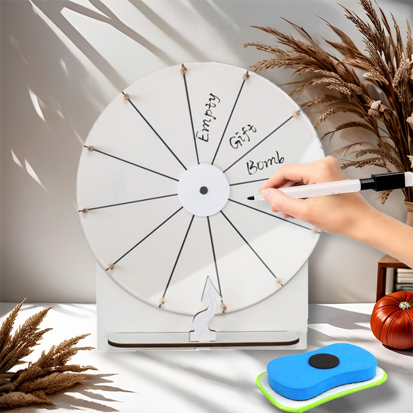 Ruota Portafortuna da Girare, 29 cm Ruota della Fortuna in Legno e Acrilico, 12 Slot Personalizzabile Gioco della Fortuna, DIY Girevole con Pennarello e Cancellino, per Giochi da Tavolo, Bianco