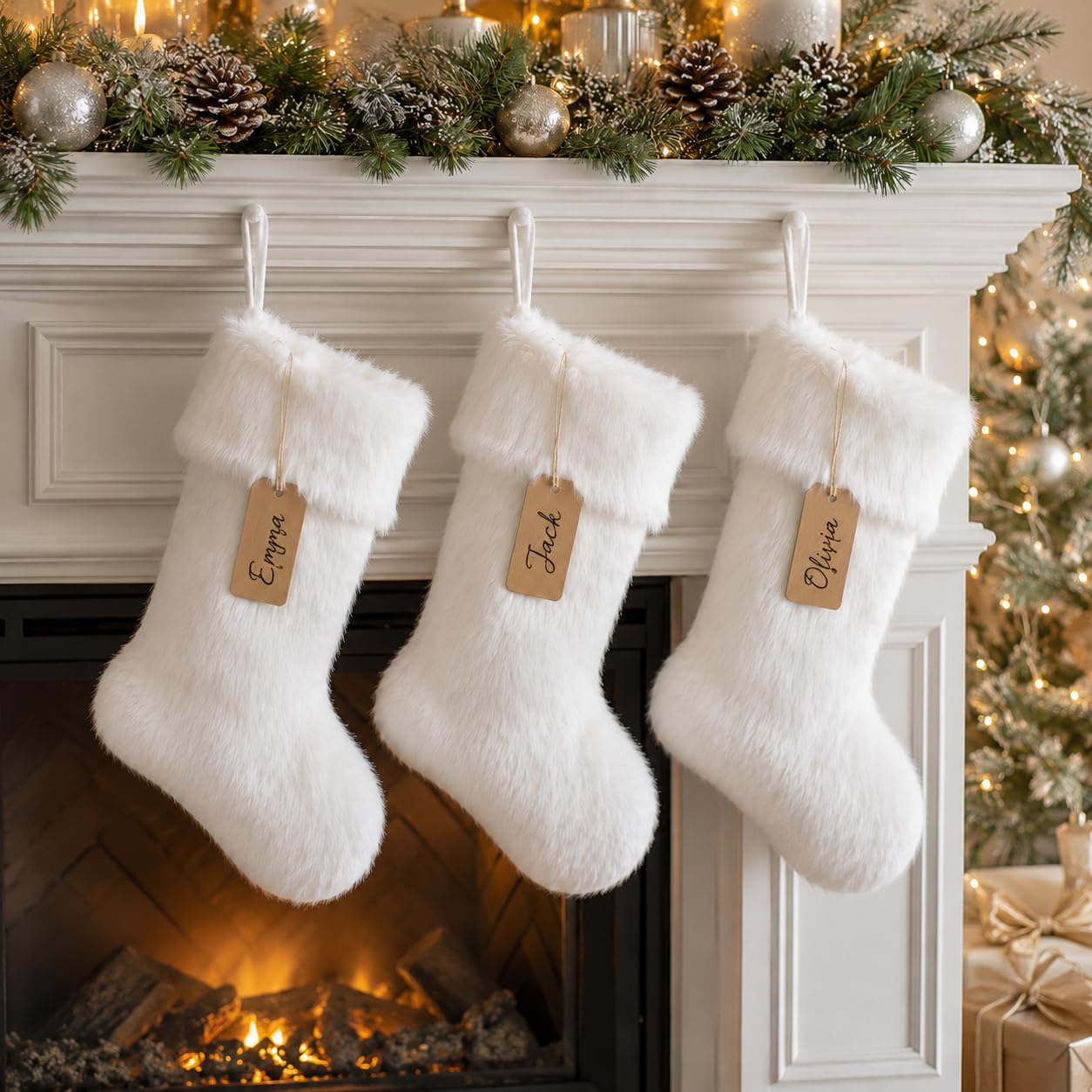 AOGU 3 Pack 18 Inch Snowy White Christmas Stockings Faux Fur Xmas Christmas Stockings Hanging Ornaments Candy Gift Bags for Christmas Decorations
