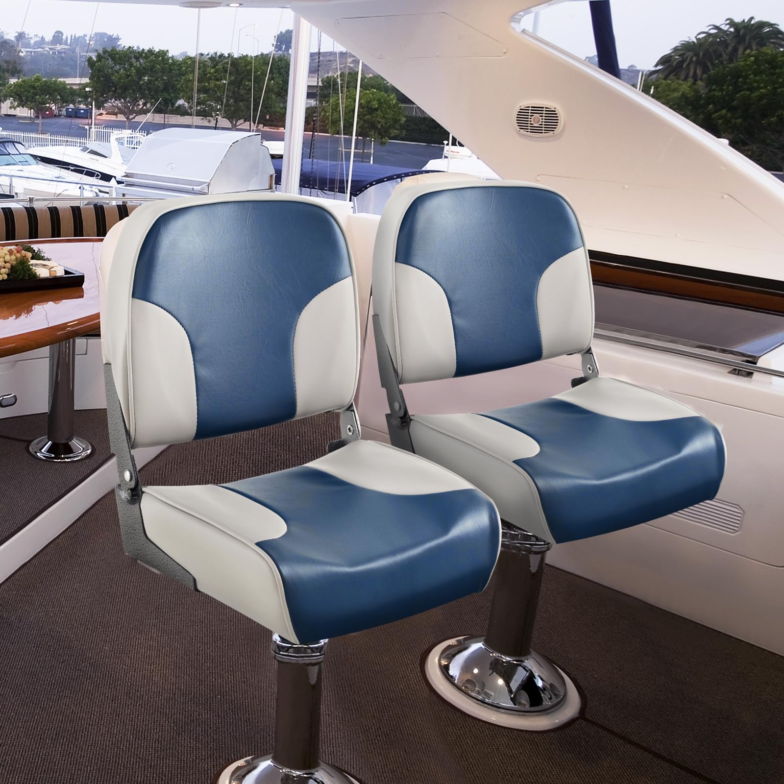GYMAX Set di 2 Sedili da Barca Pieghevoli, Sedie da Barca Imbottite con Schienale Ergonomico Bassa, Resistenti alle Intemperie, Adatte per Yacht, Barca da Pesca (Blu)