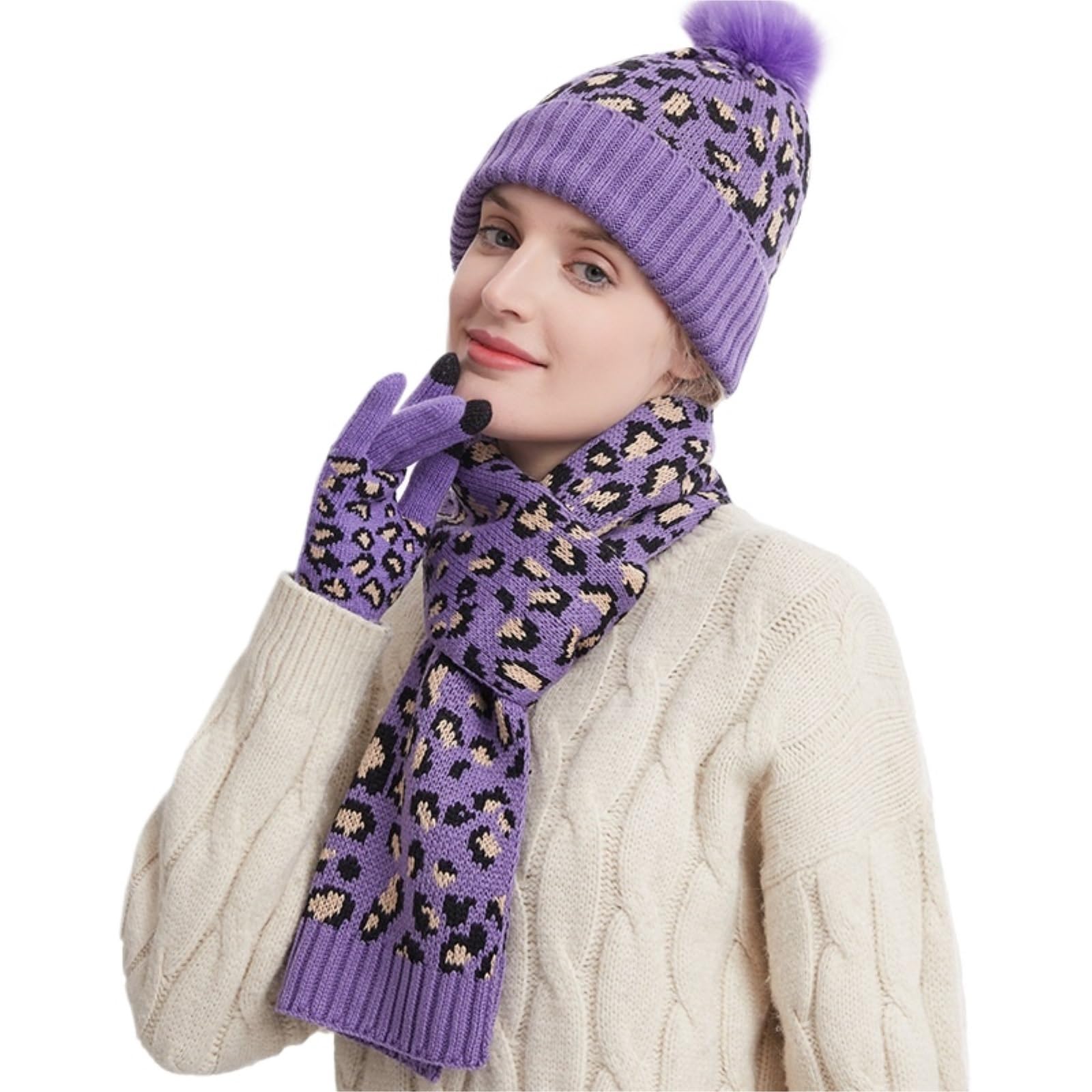Czapka szalik rękawiczki Damski Zimowy Komplet Czapka, Szalik I Rękawiczki Z Pomponami, Ocieplany Pogrubiony Zestaw(Purple)