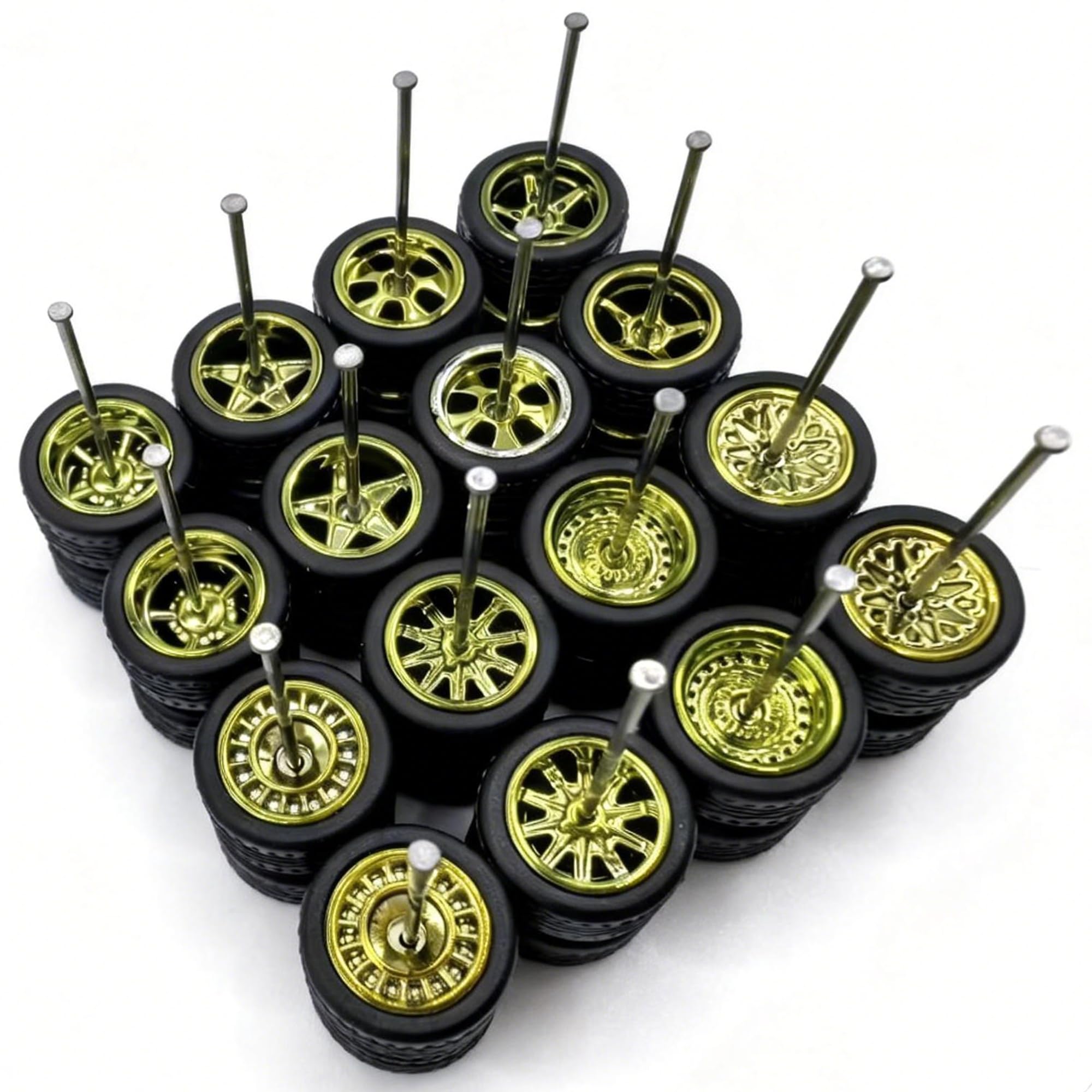 8 Set 1/64 Scale Wheels, 1 64 Wheels and Tires Set with 8 Styles Simulation Wheel Hub & Rubber Tires, 1/64 Wheels Suitable for Beginner DIY Modification 1/64 Diecast Cars (Electroplated Green)