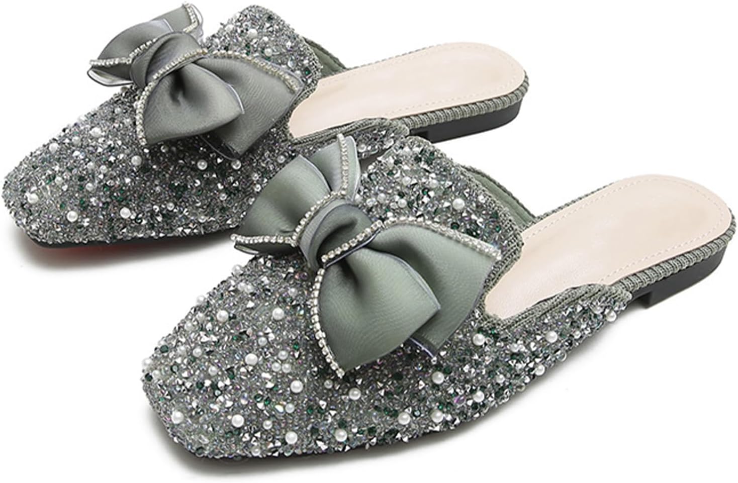Women's Rhinestone Bow Flat Mules Glitter Closed Toe Square Toe Slip on Penny Loafers Sparkly Casual Flat Shoes