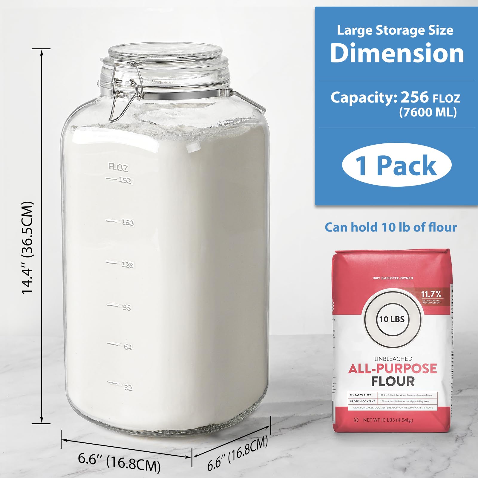 Bocal en verre de 7,8 l avec couvercle hermétique, 1 lot de bocaux de rangement en verre avec poignée en acier inoxydable robuste (70 ml), bocal à large ouverture, récipient de stockage pour riz,