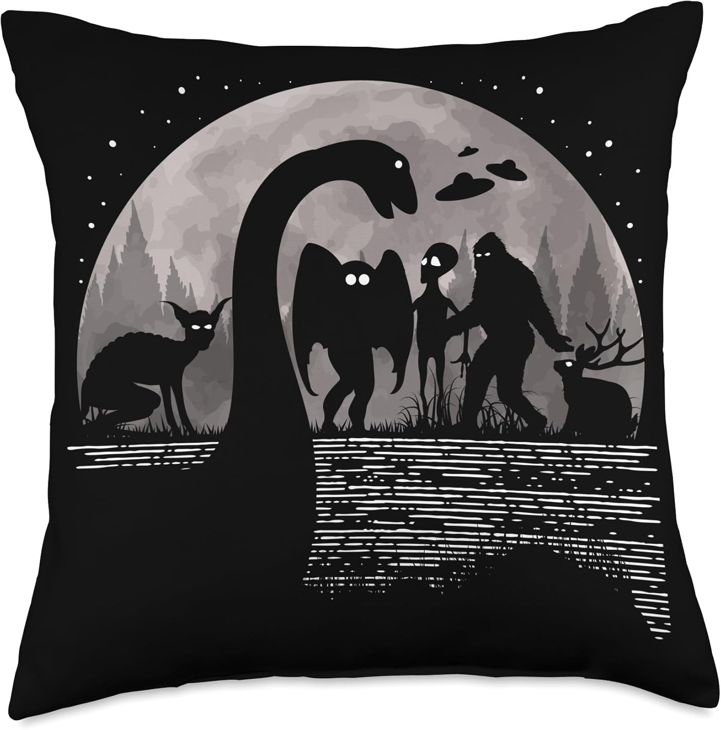 Bigfoot Loch Ness Monster and Mothman UFOs Chupacabra Alien Throw Pillow