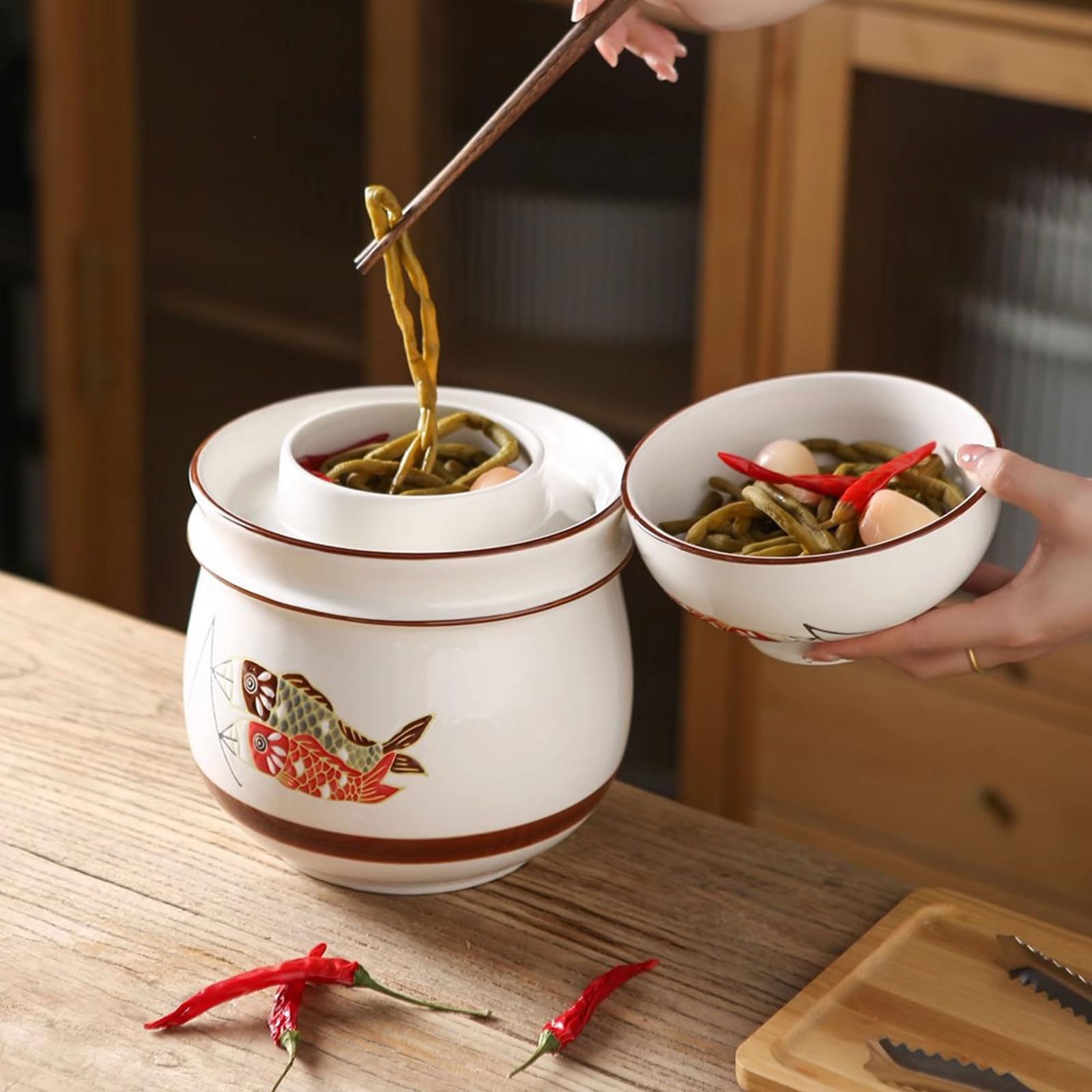 Malowany ręcznie tradycyjny chiński porcelanowy słoik na kiszone ogórki Słoik do fermentacji z pokrywką z uszczelką wodną Ceramiczny garnek do fermentacji Garnek do kiszenia,B,3000ml