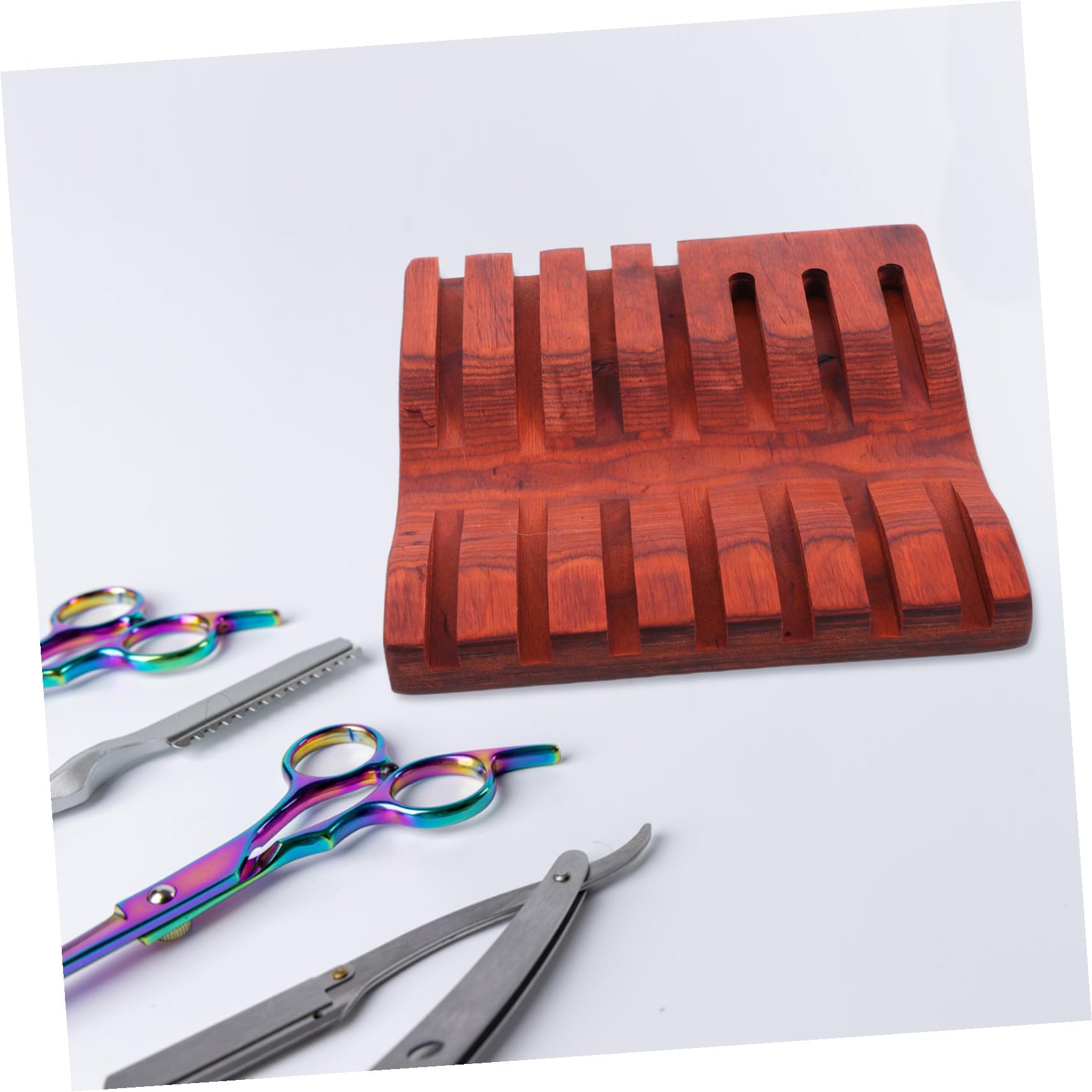 VICASKY Présentoir en Bois Foncé pour 7 Ciseaux de Coiffure Capacité, Design Incurvé Élégant et Ventouse, Boîte de Rangement Pratique pour Salon