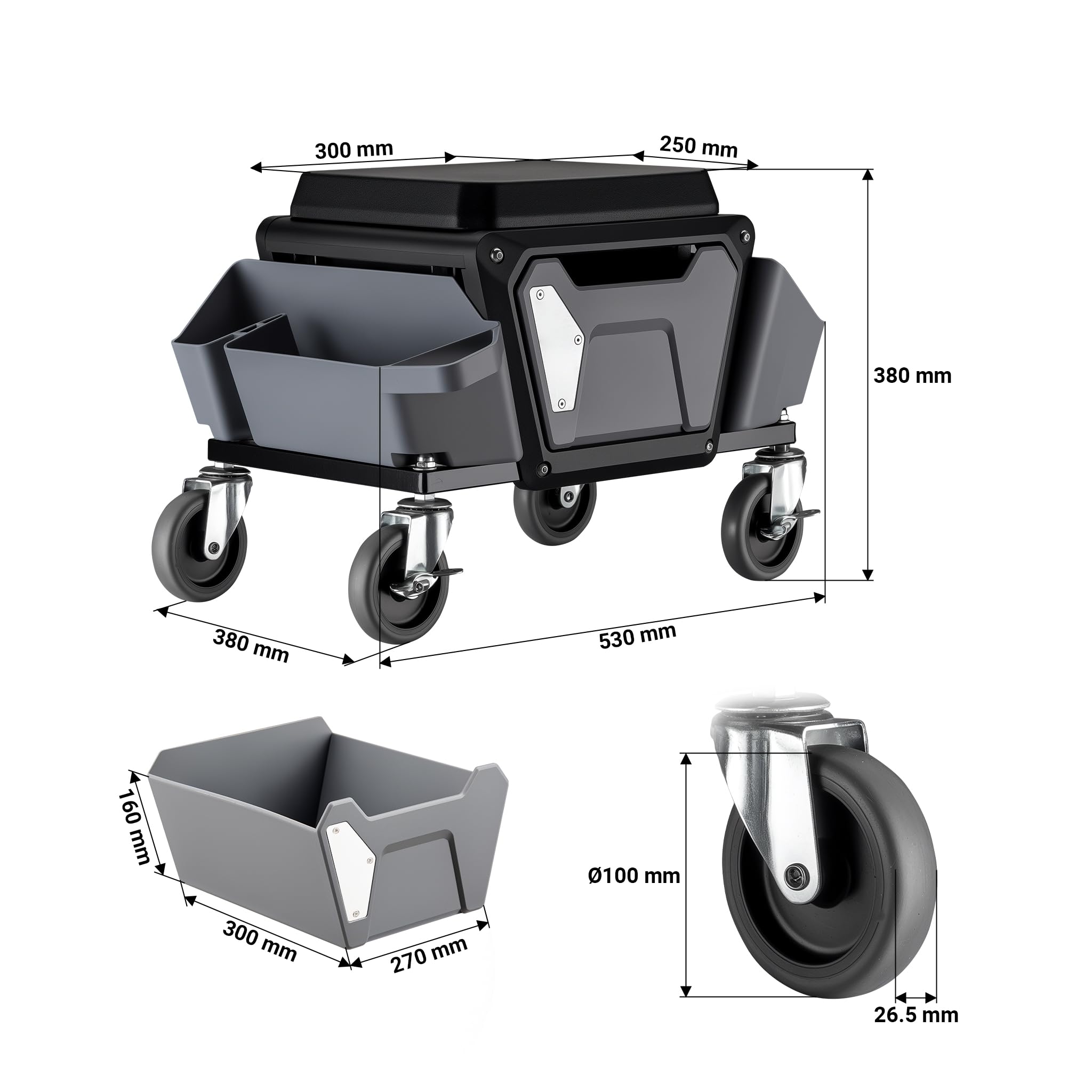 Wiltec Taboret warsztatowy do 120kg z dwoma pojemnikami i szufladą na narzędzia 53 x 38 x 38 cm do prac w warsztacie