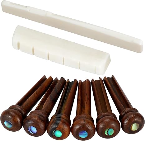 Blisstime 6 String Acoustic Guitar Bone Bridge Saddle and Nut and 6pcs Rosewood Guitar Bridge Pins