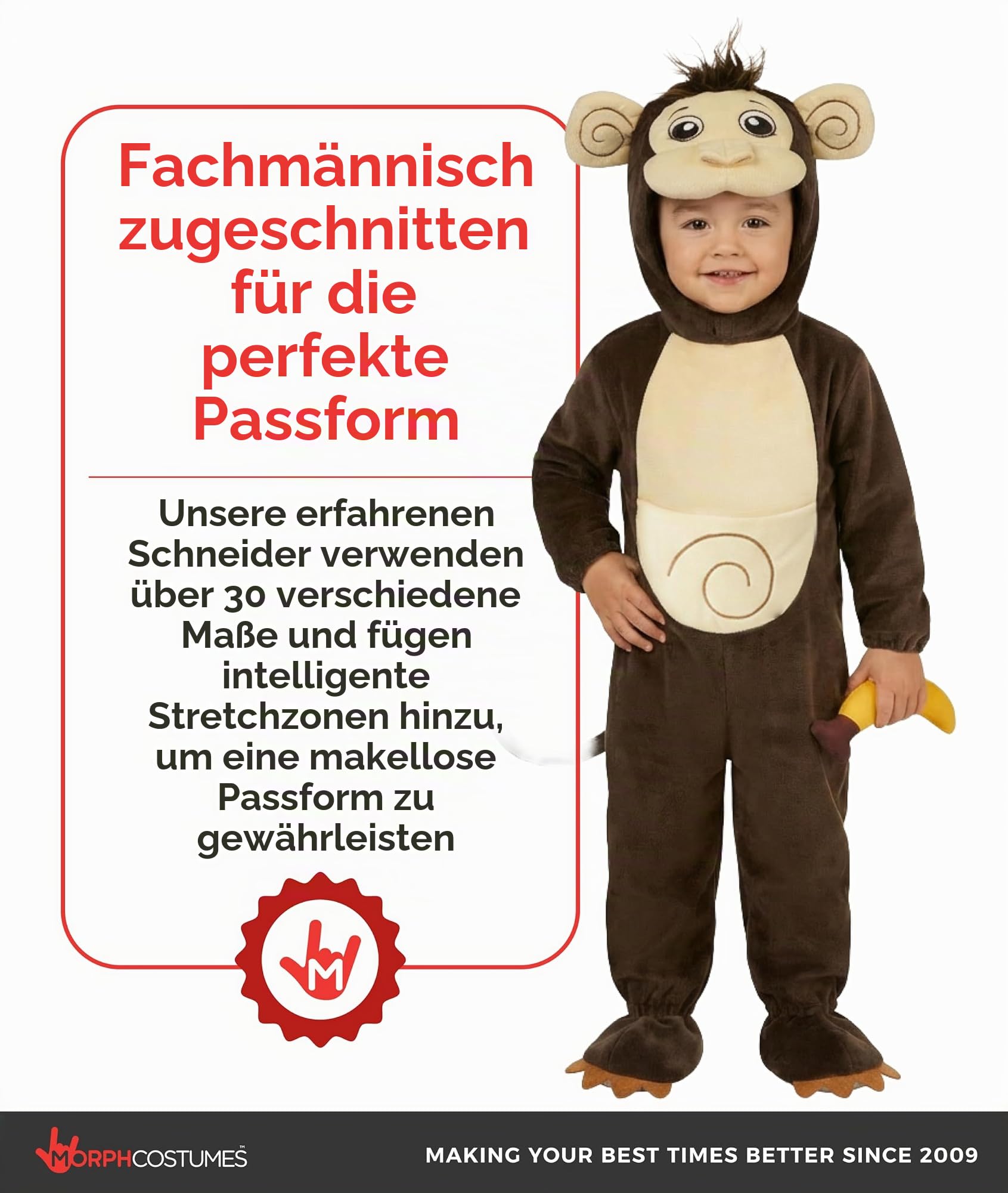 Morph Affen Kostüm Kinder, Tierisches Halloween Kostüm Kinder | Plüsch-Body, Kapuze, Schwanz & Plüsch-Banane, Braun, Zum Überziehen, Perfekt für Halloween, Ideal für Rollenspiele