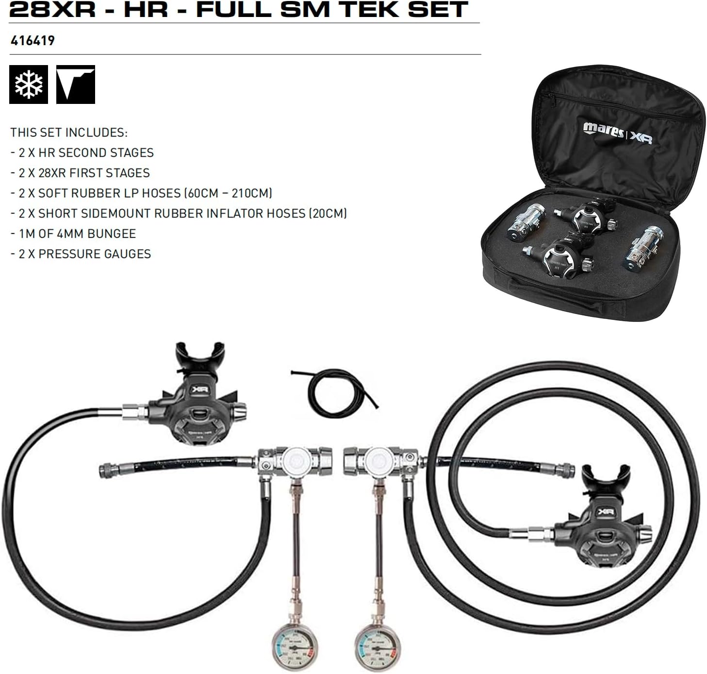 Mares 28XR-HR Full SM Tek Deep Coldwater Diving Regulator Set - 2 28XR First Stages, 2 HR Second Stages, 2 Hoses, 2 Pressure Gauges