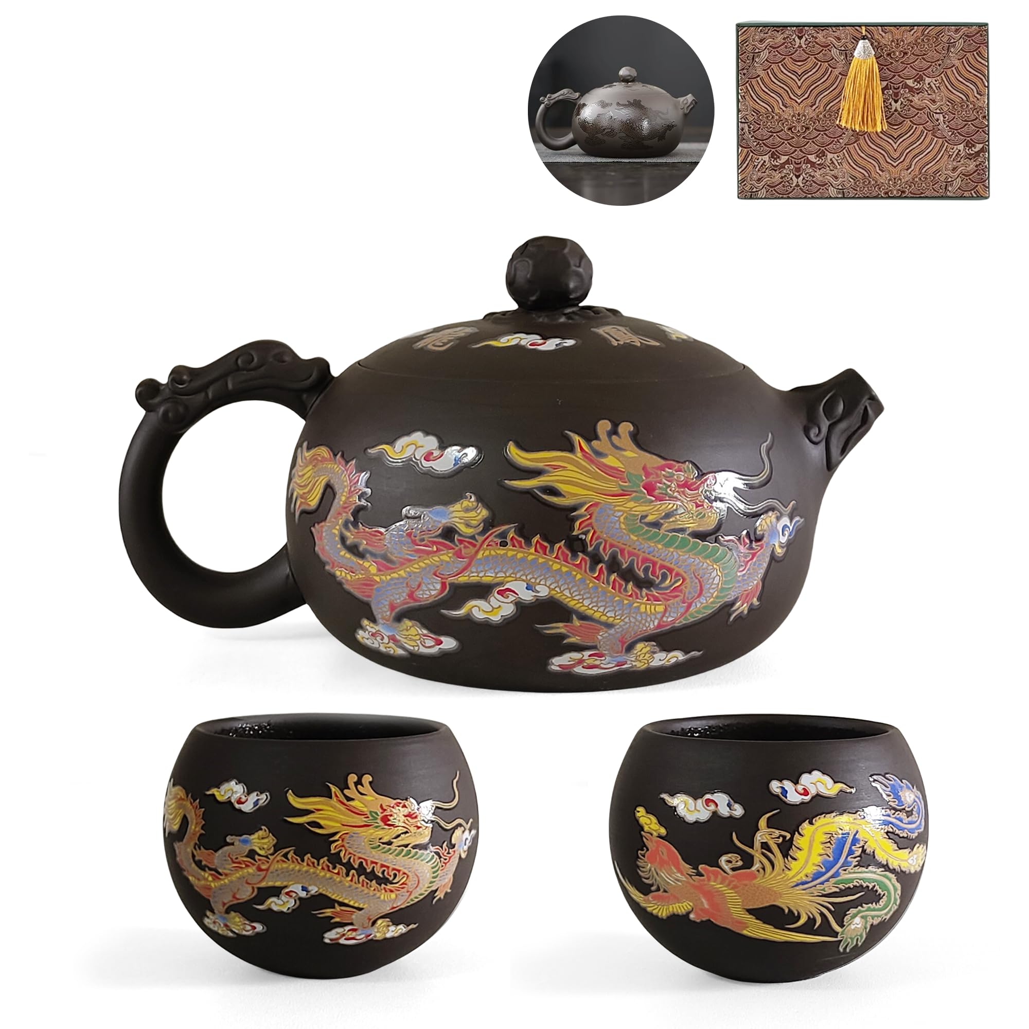 Juego de Tetera Yixing Zisha 450ML, Grande Tetera China de Arcilla con Caja de Regalo, Servicio de Té Que Cambia de Color Kung Fu con 2 Tazas, Dragón y Fénix