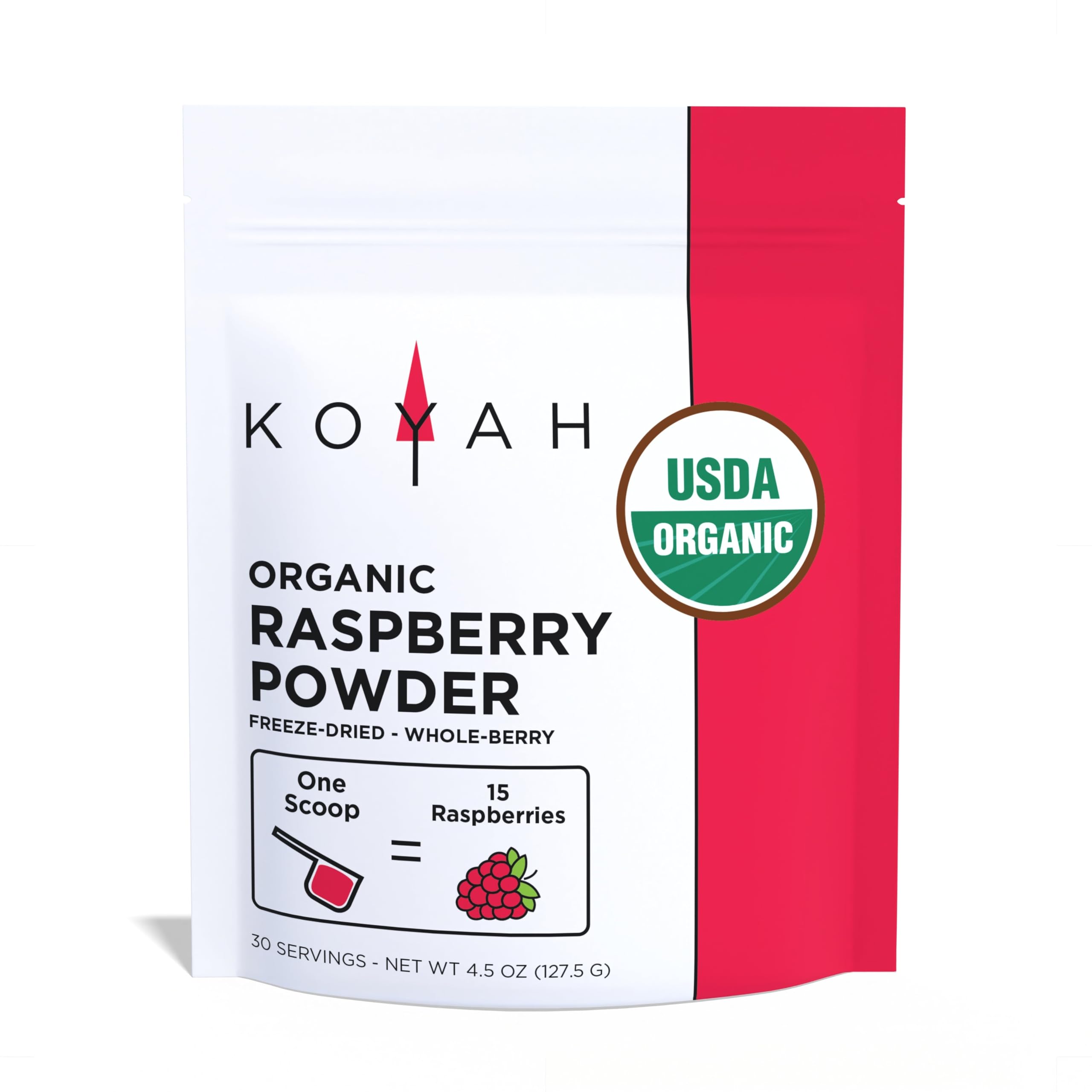 KOYAH - Organic Raspberry Powder 30 Servings (1 Scoop = 15 Raspberries), Freeze-Dried, Whole-Berry Powder, Equivalent to 450 Raspberries
