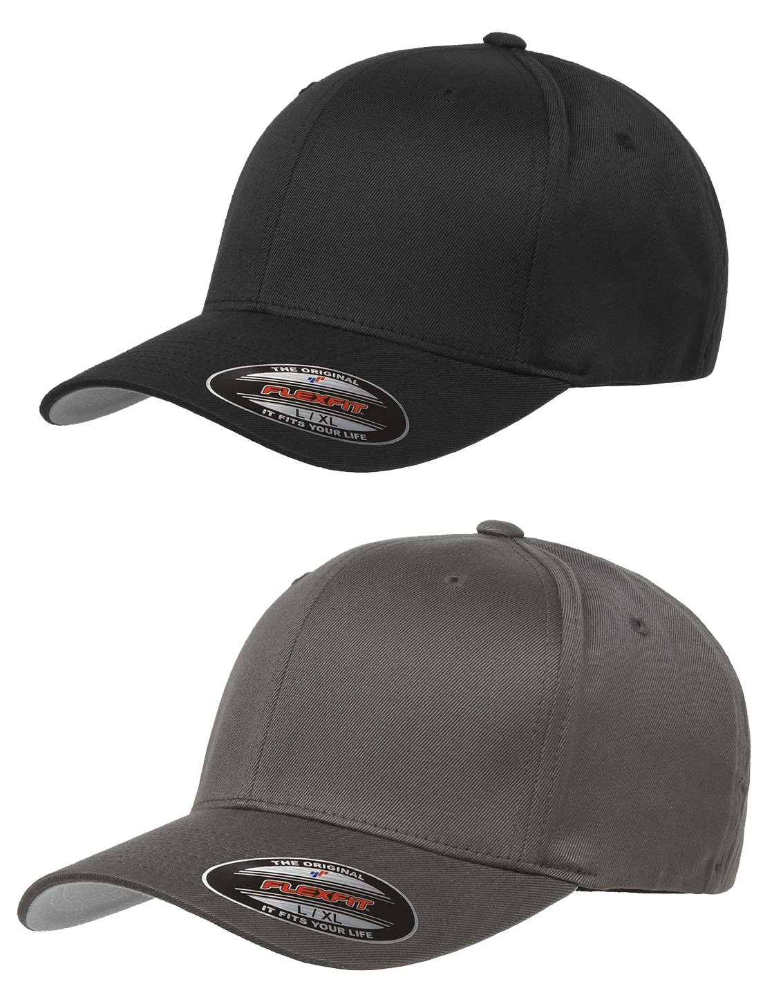 Flexfit Unisex Wooly Combed Twill Cap (6277) 2-Pack (XL/XXL, Black & Dark Gray)