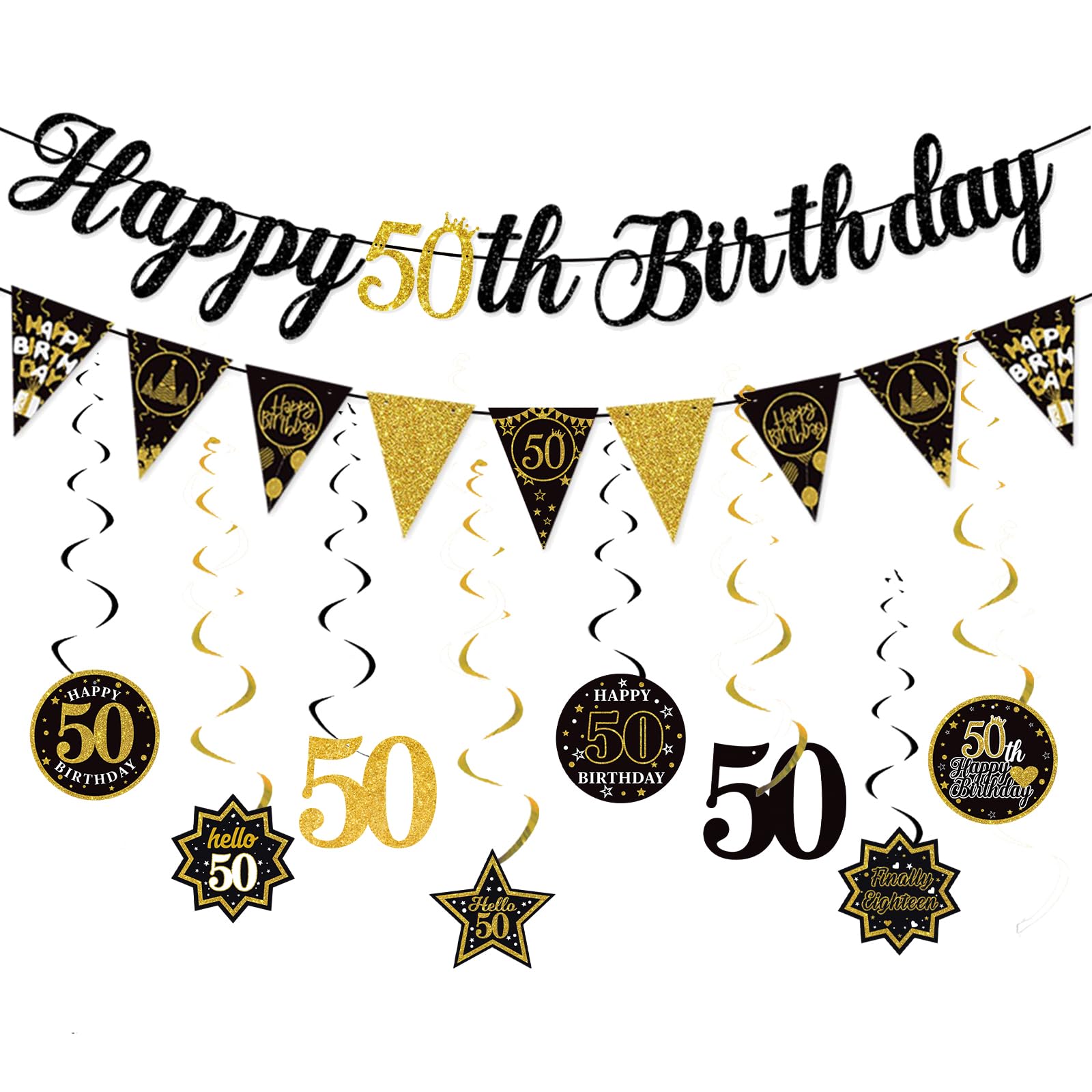 Happy 50th Birthday Banners, Black Gold Gllitter Paper Birthday BuntingSet With Hanging Swirls, 16 Party Photo Backgroud Supplies Decoration for Men Women