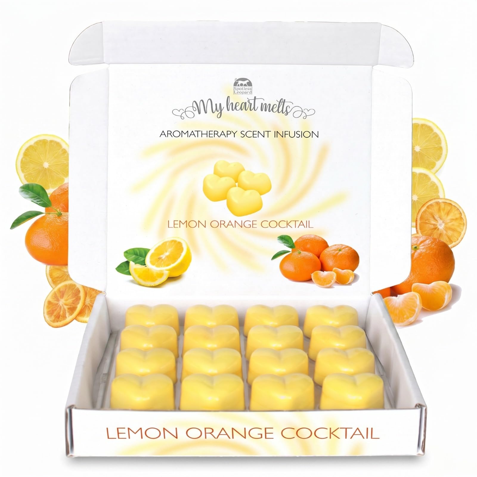 Lemon Orange Cocktail Wax Melts: 16 x 6g Heart Shaped Aromatherapy Scent Infusion in a White ECO Gift Box, Pet Friendly, Cruelty Free by Spotless Leopard