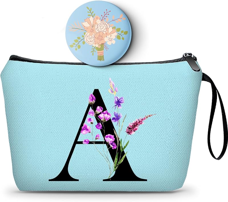 SEAMOON Necessaire de maquiagem azul com espelho e inicial A