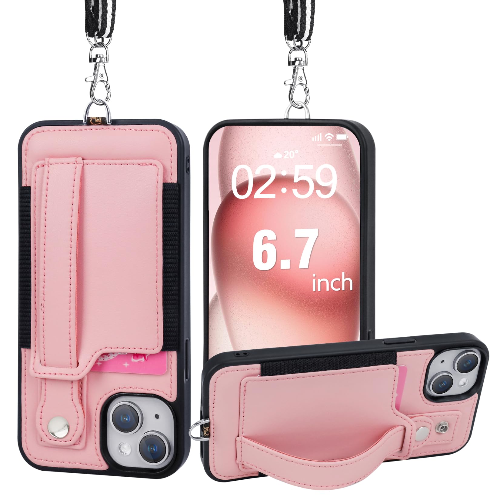 TOOVREN Wallet Case for iPhone 15 Plus Lanyard Case Fits iPhone 15 Plus with Card Holder Strap Case Adjustable Compatible with iPhone 15 Plus Case with Leather Stand for Women & Men 6.7 Inch Pink