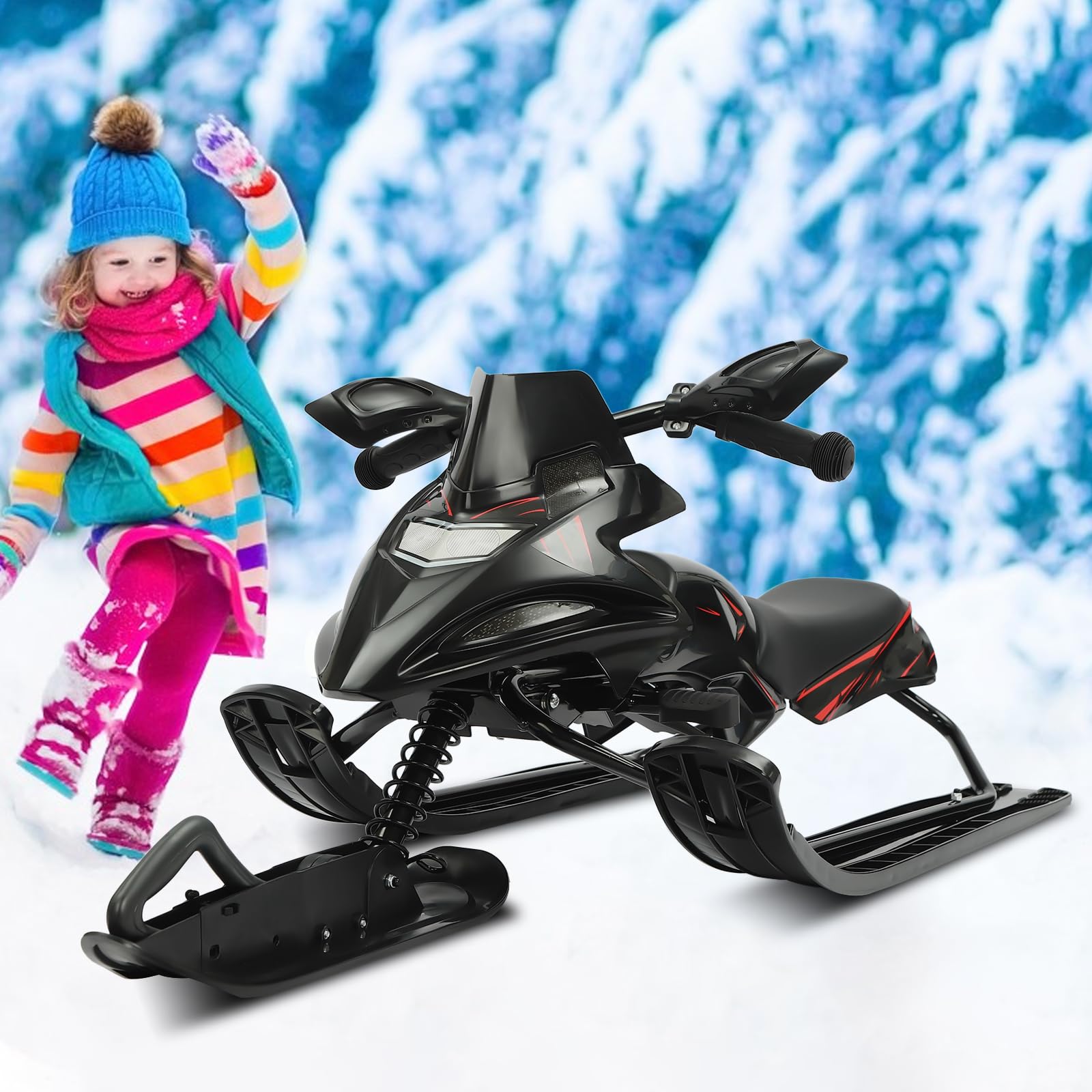 Trineo de nieve completo con frenos de emergencia, asiento ajustable 80 kg, cuerda de tracción con suspensión