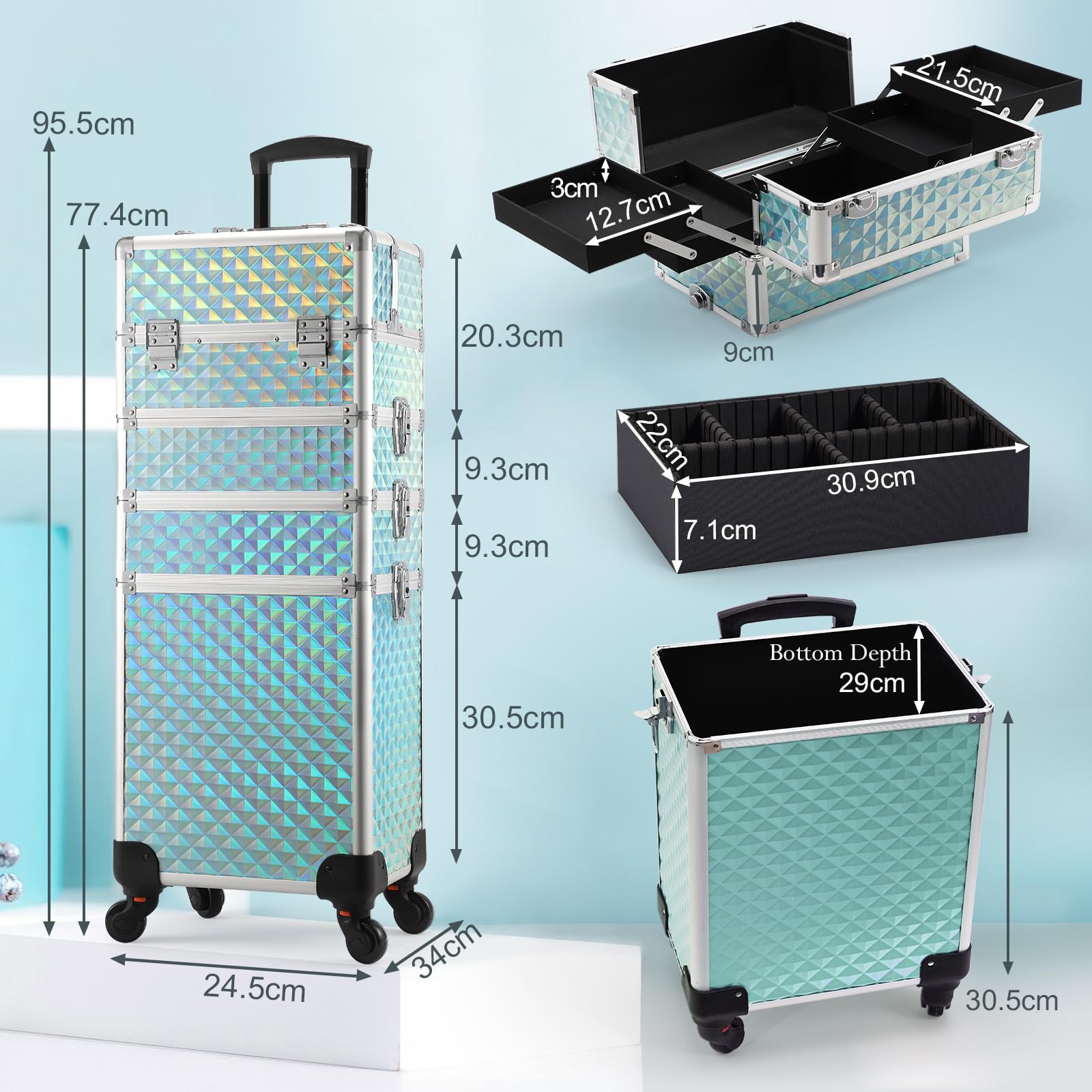 Kosmetikkoffer Trolley 4-in-1 Groß Make up Koffer mit Rollen Alu Beauty Case Aquamarin