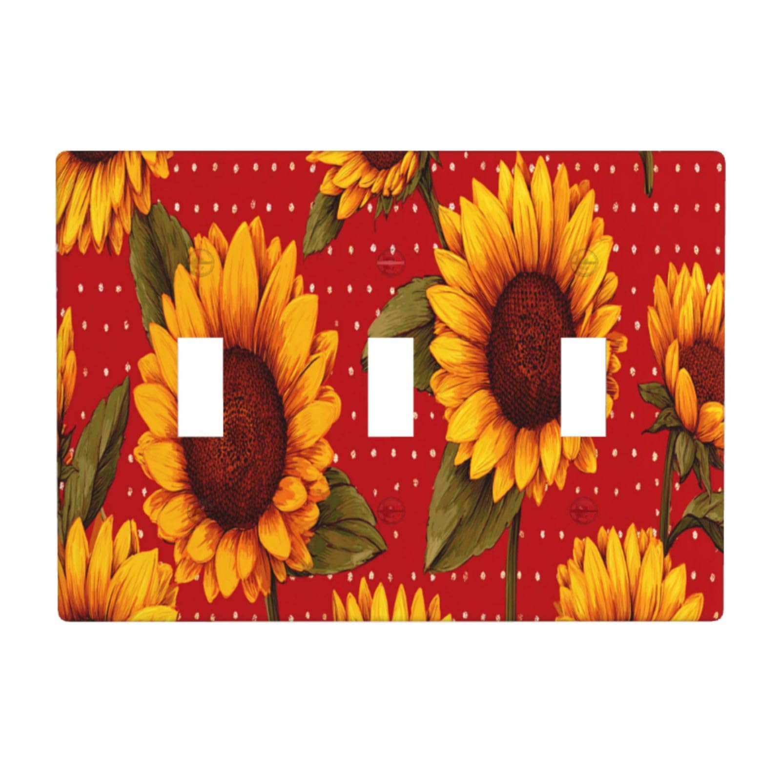 Red and Yellow Sunflowers On Dots Light Switch Covers 3 Gang Triple Toggle Wall Plate Switchplate Electrical Faceplate for Bathroom Kitchen Bedroom Decor