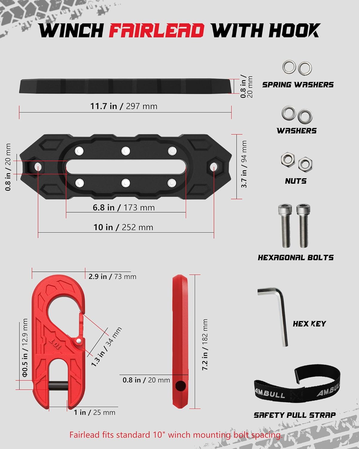 Towing Winch Fairleads with Tow Hook, Upgrade Al Hawse Fairlead with G80 Heavy Duty Forged Steel Winch Hook for Electric Winch, 33000lb Break Strength, for Synthetic Rope Recorvery, BlackRed