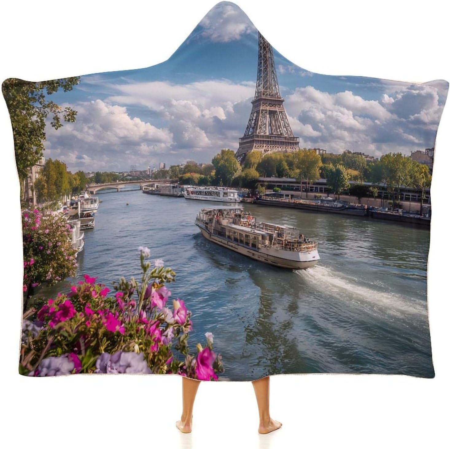 Paris Eiffel Tower Wearable Blanket Oversized Throw Cape | Cozy Hooded Blanket Gifts for Women Men