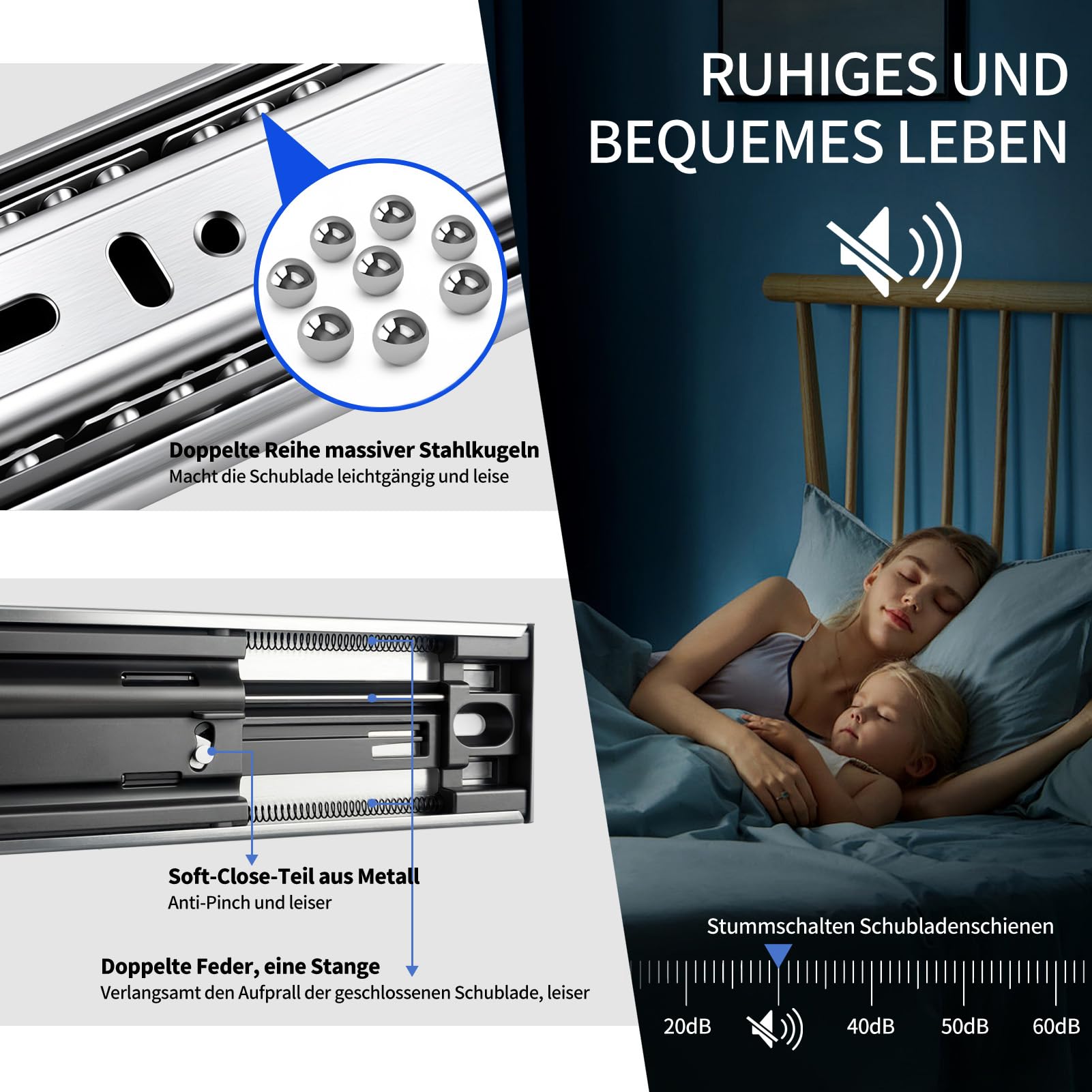 YIHAKIDS Schubladenschienen 400 mm 3-fach Vollauszug mit Soft-Close 45 kg