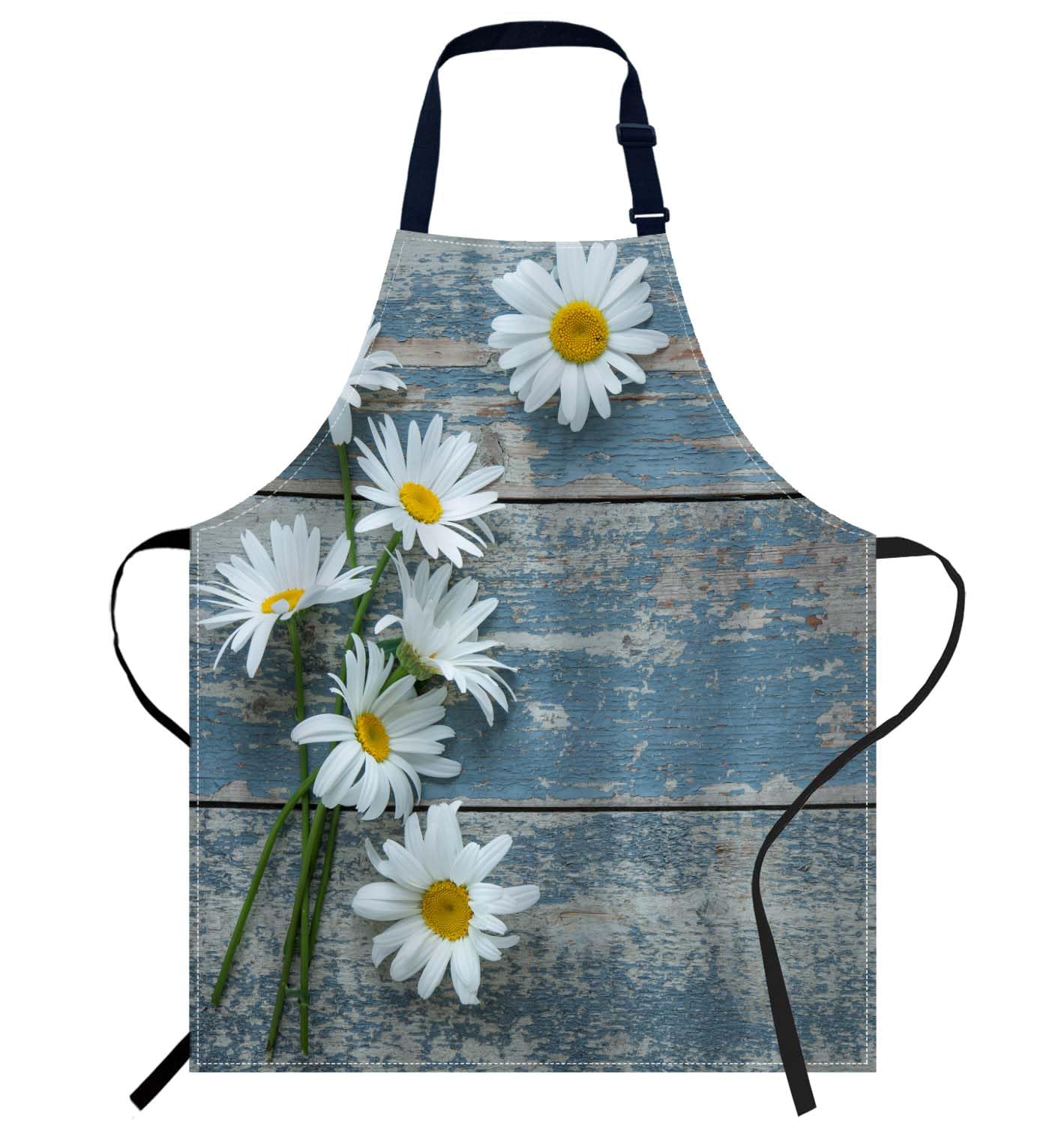 oFloral Daisy Flowers on Old Wooden Apron Adjustable Bib Chef Aprons Cooking Apron Unisex Women Men Aprons Perfect for Home Kitchen, Baking, Gardening