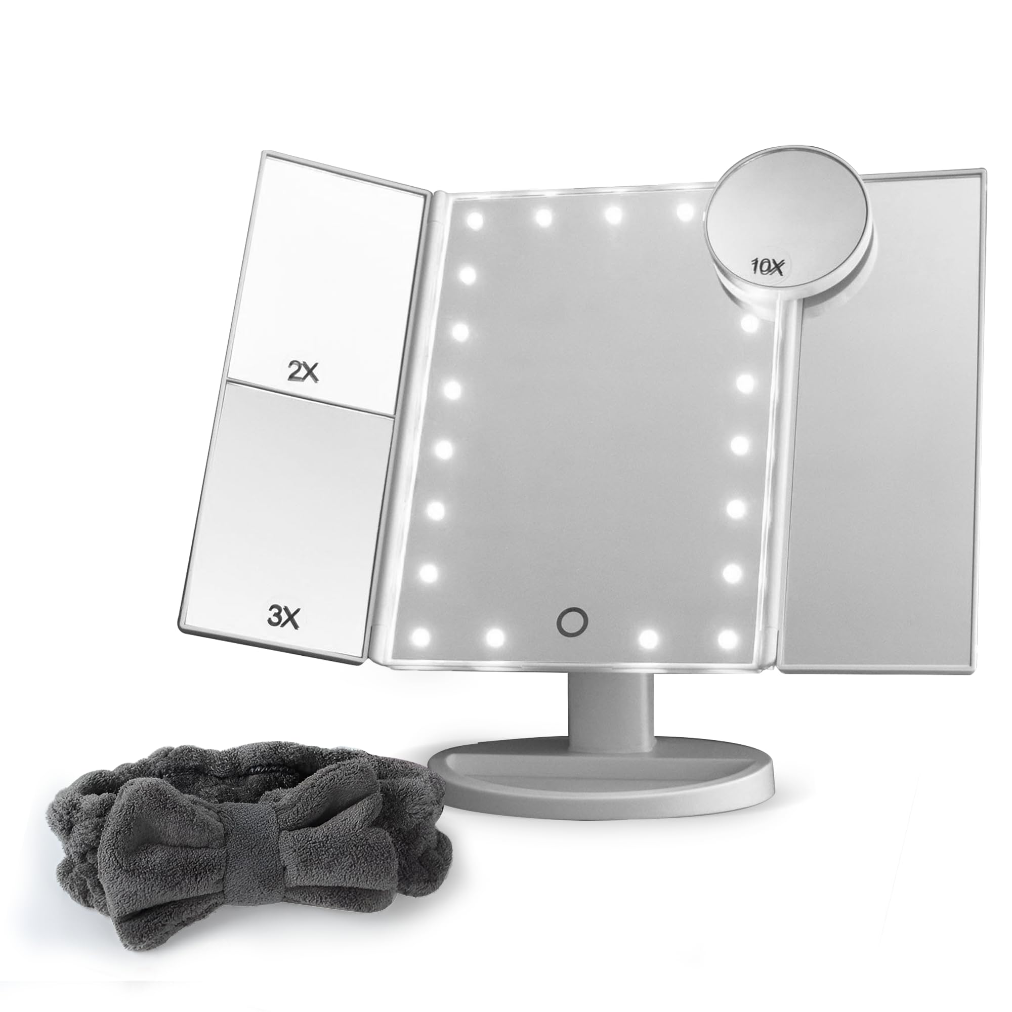 EMINENZA Set Espejo Tocador + Diadema Turbante, Espejo Maquillaje con Luz, Espejo Tocador con Luz LED para Maquillarse, Incluye 3 Aumentos y Espejo Accesorio, Espejo para Maquillarse con Luz