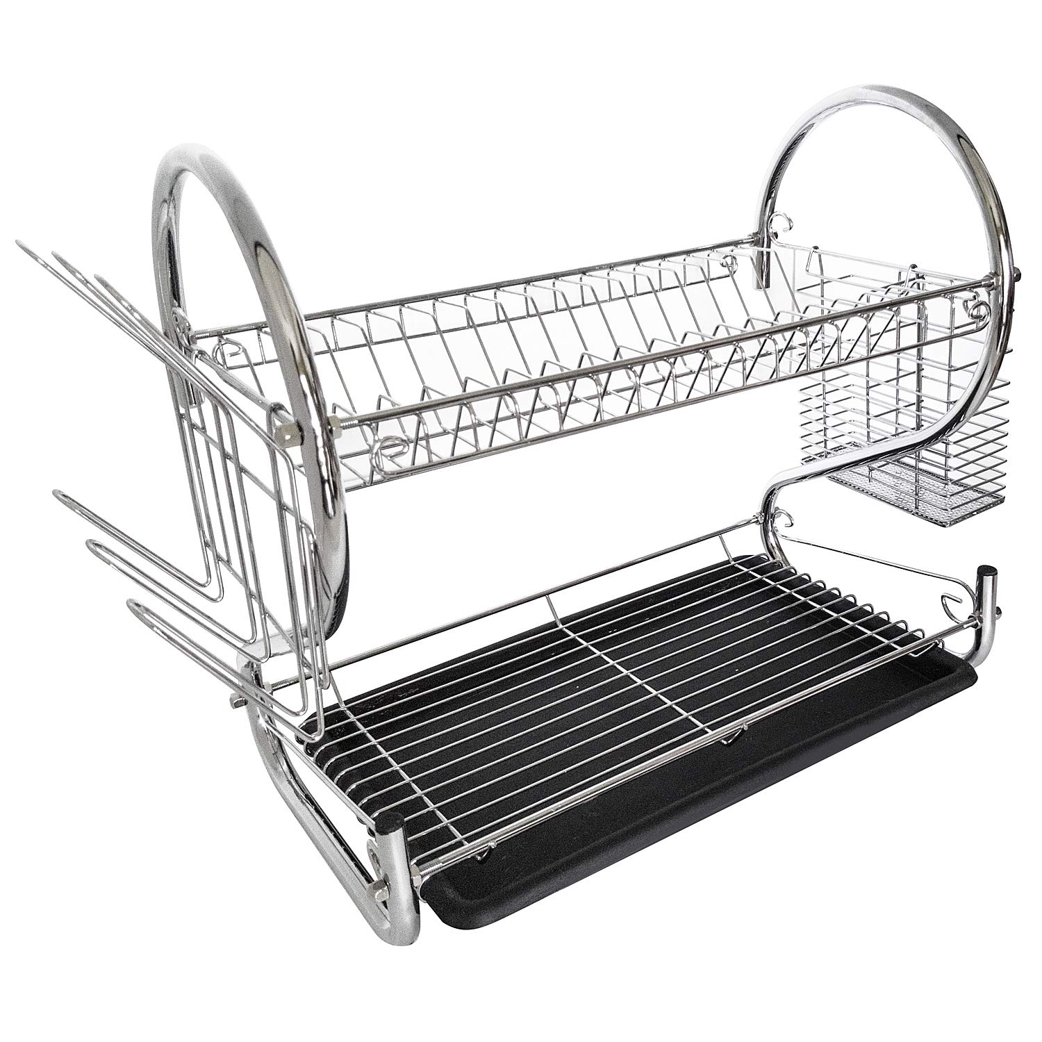 Tatkraft Silver Helga 2 Tier Dish Drainer | Rustproof Chromed Steel Cutlery And Mug Holder | Removable Drip Tray |Size 39X56x25 Cm