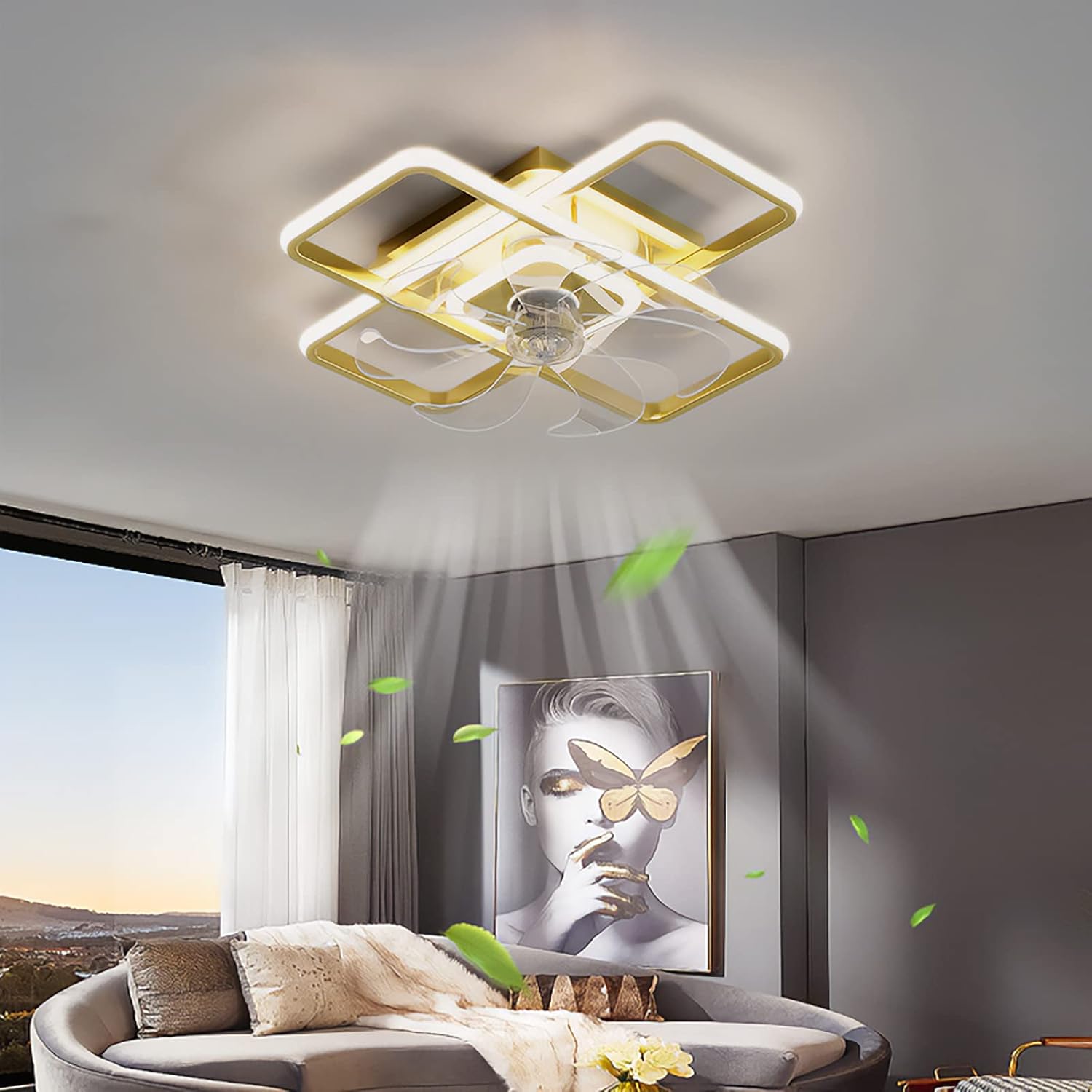YUEGOO Ceiling Fans with Lamps,Remote Control App 6 Speed Reversible Timer Ceiling Fan with Led Lamp 3 Color Dimmable Design Ceiling Fan Chandelier for Living Room Bedroom/D