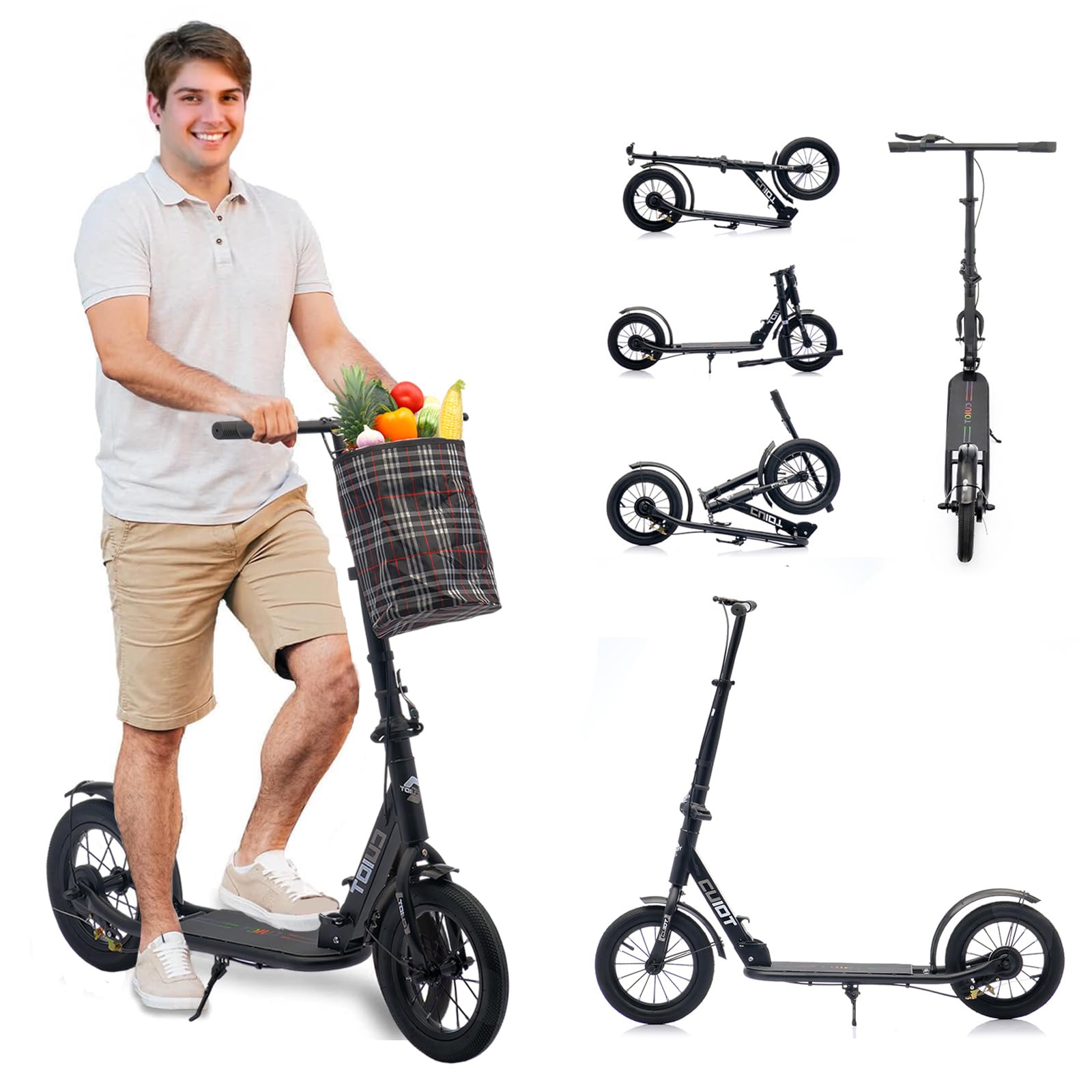 ZQHQKJ Adult Scooter for XXL Big Wheels, Folding Commuter Kick Scooter for Adults & Teens, Adjustable Heigh, Lightweight Sports Commuter Scooter for Kids Tenns Adults, 4 Adjustable Levels.,Black
