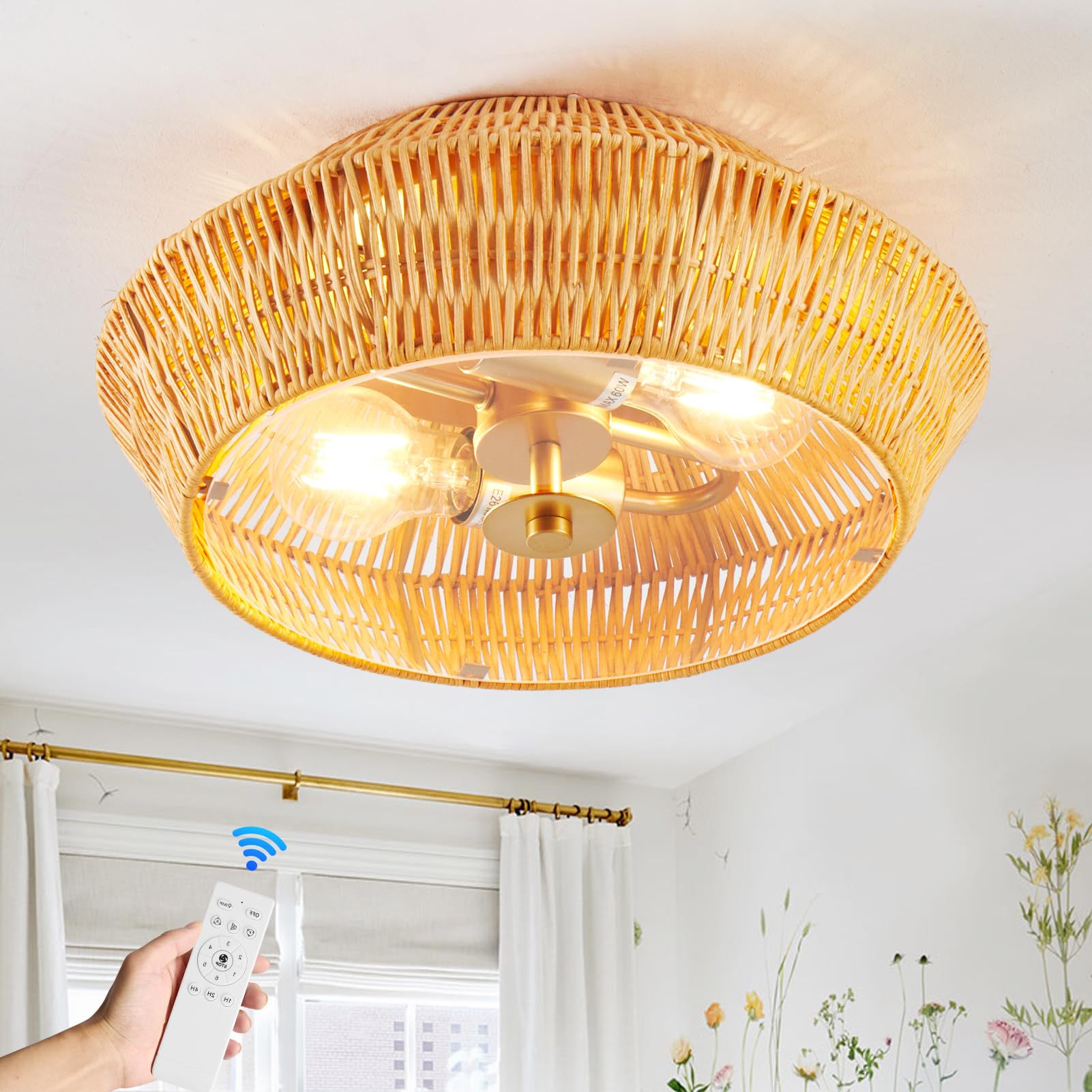 20 Inch Boho Caged Ceiling Fans with Lights Flush Mount, Rattan Ceiling Fan with Light Remote Control with Reversible 6 Speeds for Bedroom (Gold 13.4 inch Boho Caged Ceiling Fans with Lights)