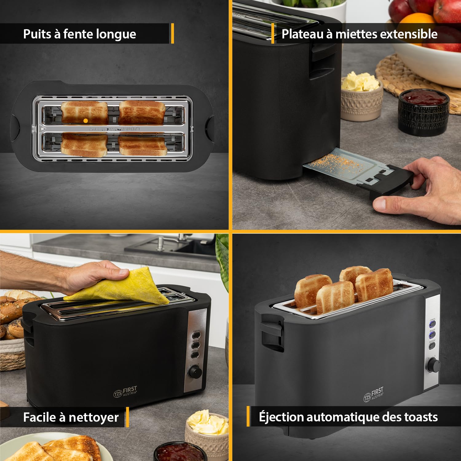TZS First Austria – Grille-pain inox longue fente 4 tranches – 6 niveaux de brunissage, fonction décongélation – 1500W – Avec réchauffe-petits pains & tiroir ramasse-miettes – Noir mat