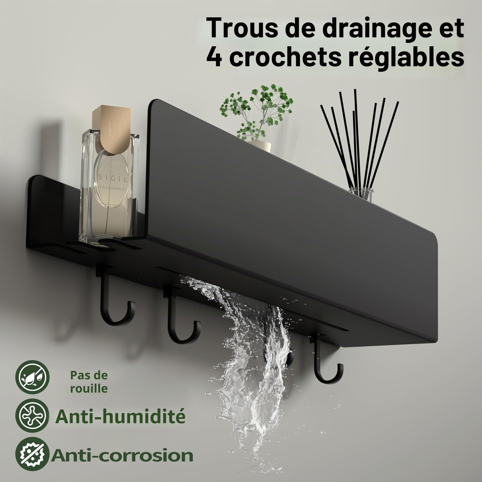 REKITA Étagère de douche sans perçage, 40 cm, en acier inoxydable avec 4 crochets amovibles, support de douche mural adhésif, étagère de bain antirouille pour salle de bain, cuisine, salon