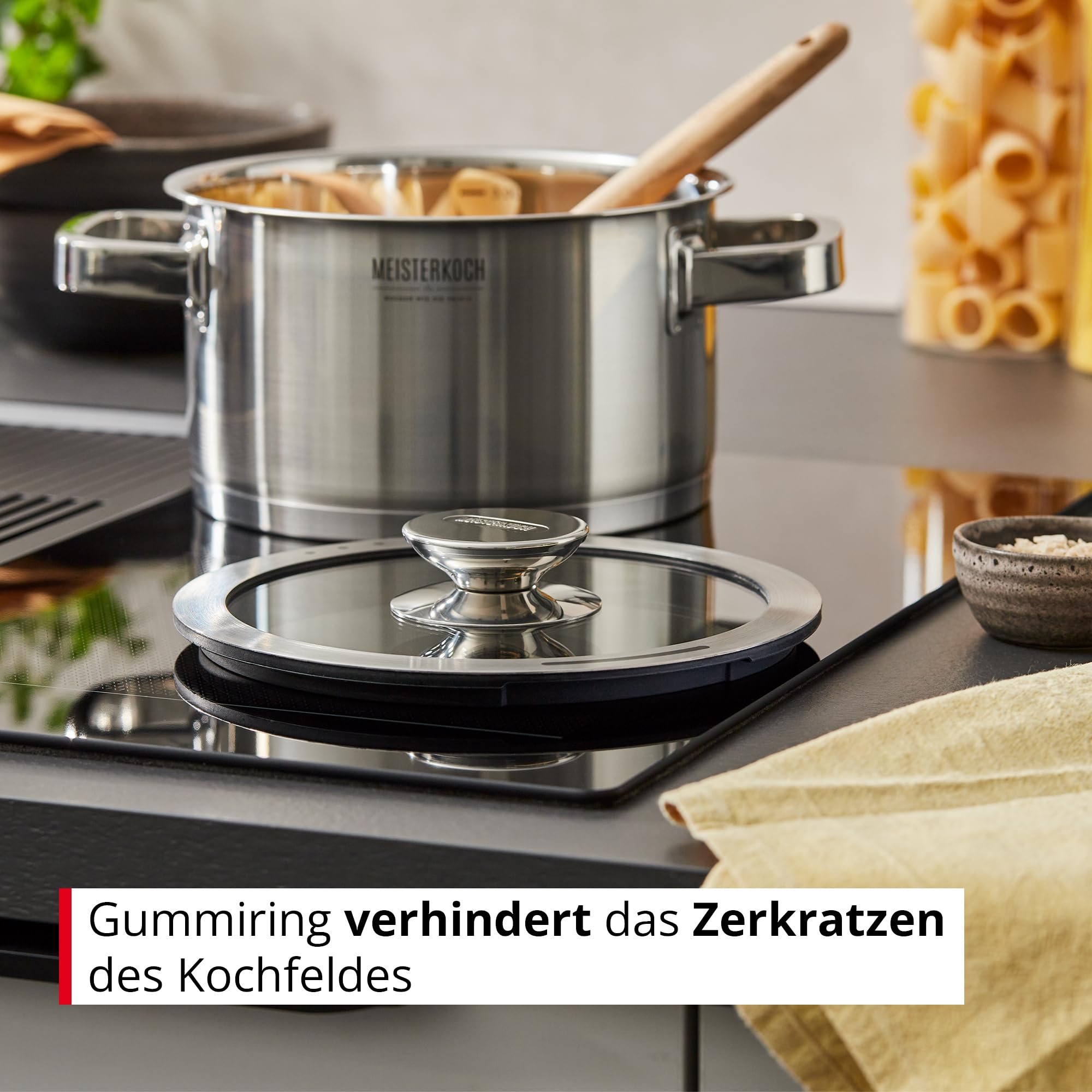 Meisterkoch Topfset Induktion Edelstahl Kochtopfset 3-teilig, Silikonring mit Sieb im Glasdeckel, Hitzeisolierende Griffe, Innenskala, spülmaschinengeeignet, für alle Herdarten