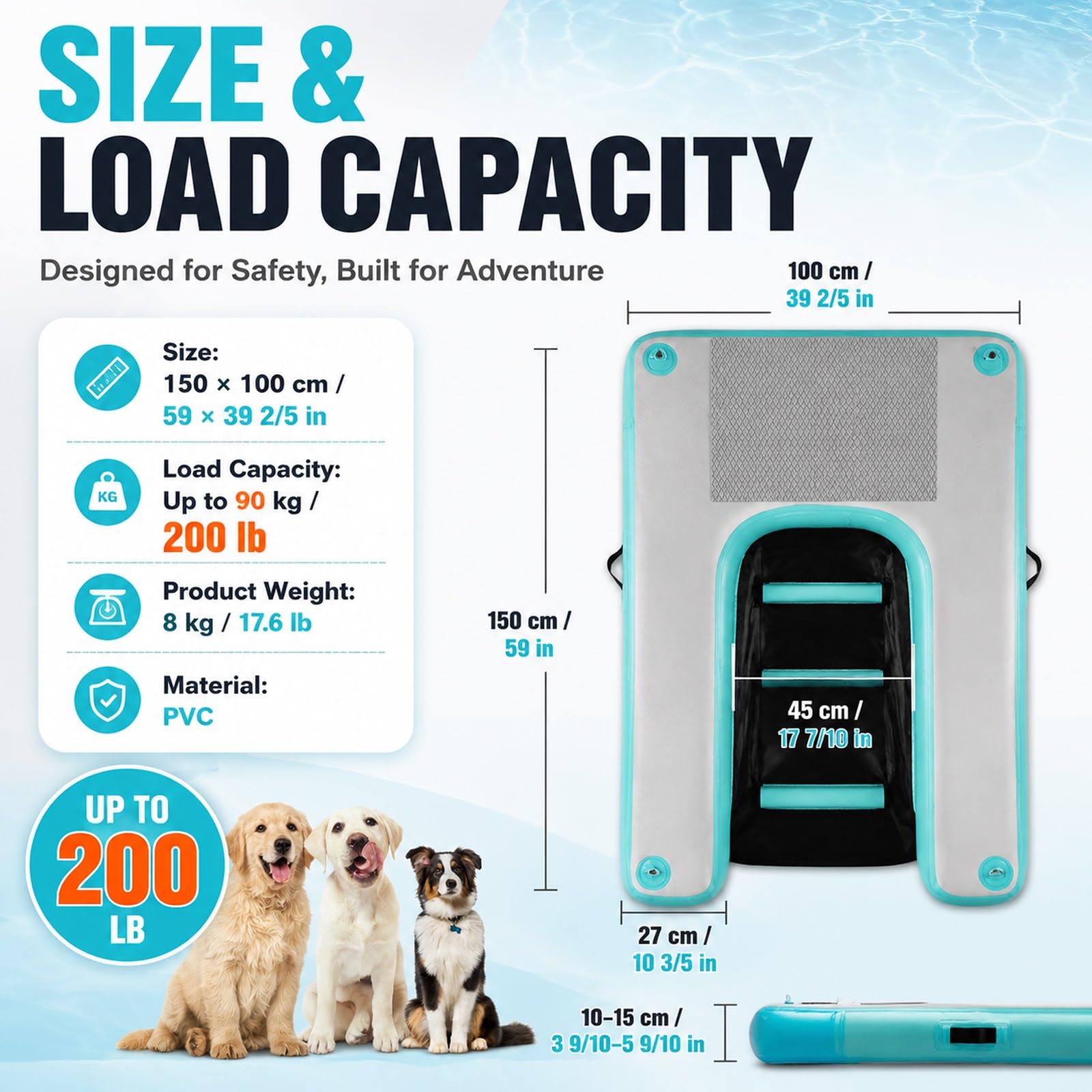 Rampa de Agua Para Perros Rampa Inflable Flotante Para Perros (escalera/rampa), Plataforma Portátil Tipo Escalera Para Piscinas, Muelles, Lagos, Barcos Y Playas; Apta Para(Blue,H 10cm(3 9/10"))