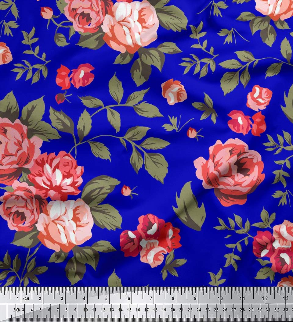 Soimoi 44 Inches Wide Rose Floral Printed 20 GSM Pure Silk Fabric by The Yard - Royal Blue with Red