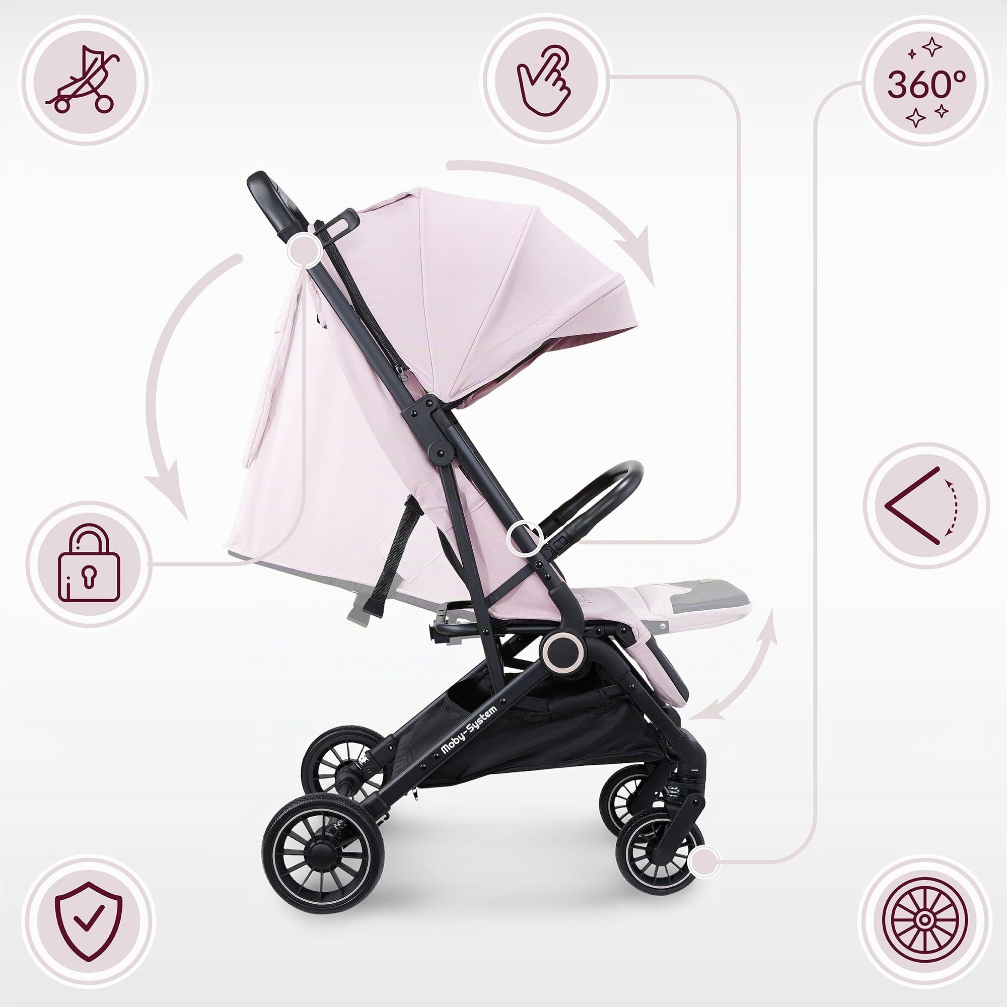 Moby-System LENA PINK PRO Poussette Canne avec Fonction Valise, Légère et Compacte 6–48 Mois, Roues EVA avec Suspension, Capote XXL, Pliage à Une Main, Rose
