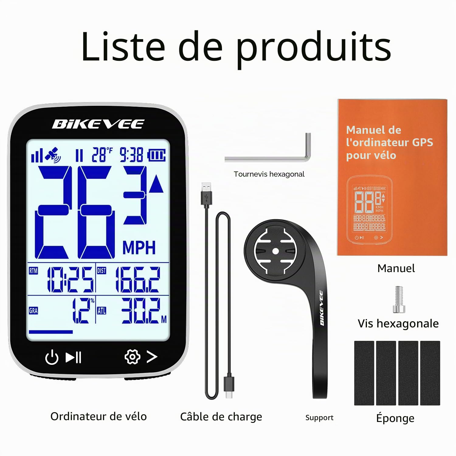 Compteur Vélo GPS sans Fil Étanche IPX7 Écran FSTN 2,4 Pouces Compteur VTT avec Vitesse Distance Altitude Température Pente Autonomie 28H