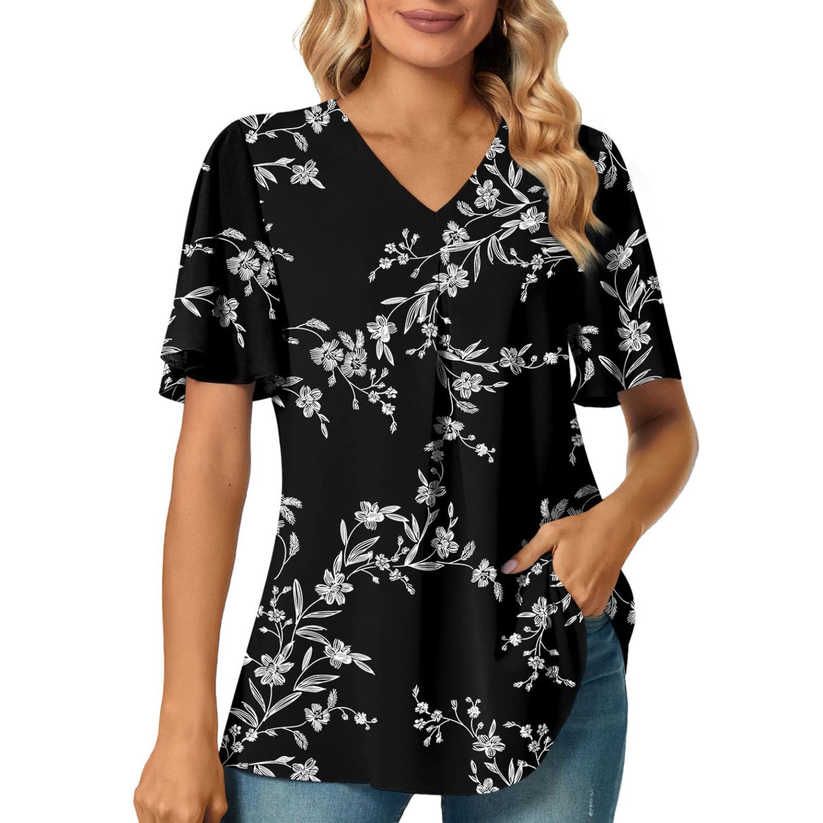 L9WEI Blusa de verano para mujer, informal, con diseño floral, cuello en V, manga corta, elegante, para vacaciones, cómodas