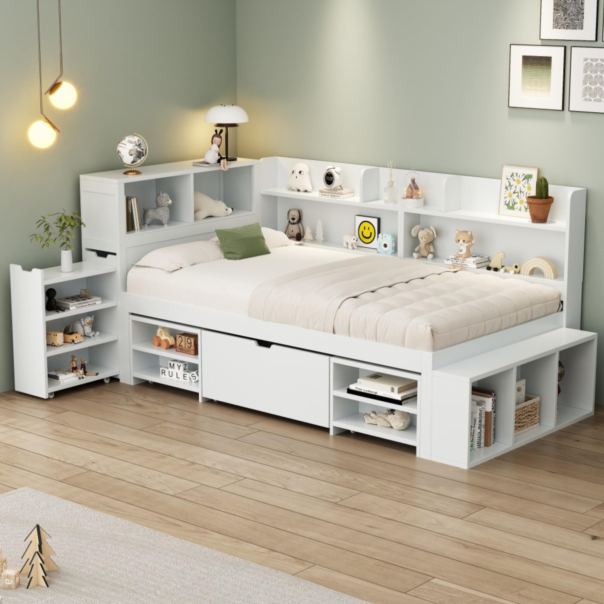 Zepneiy Lit Enfant 90x190 avec tiroirs et étagères, Lit Simple 90x200 multifonctionne avec Grand Espace de Rangement et sommier à Lattes, Crade de Blanc (sans Matelas)