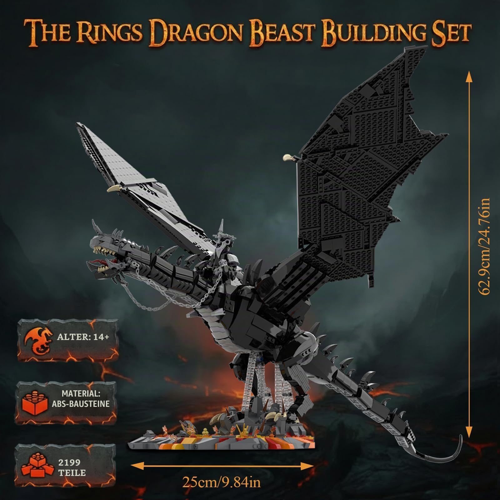 Klemmbausteine Ringe Dragon Set, 80 cm Lang, 2199 Teile | Lord Magic Rings Große Drachen Modell, Für Erwachsene, Film Fans & Sammler, Kompatibel mit Youmko YM011