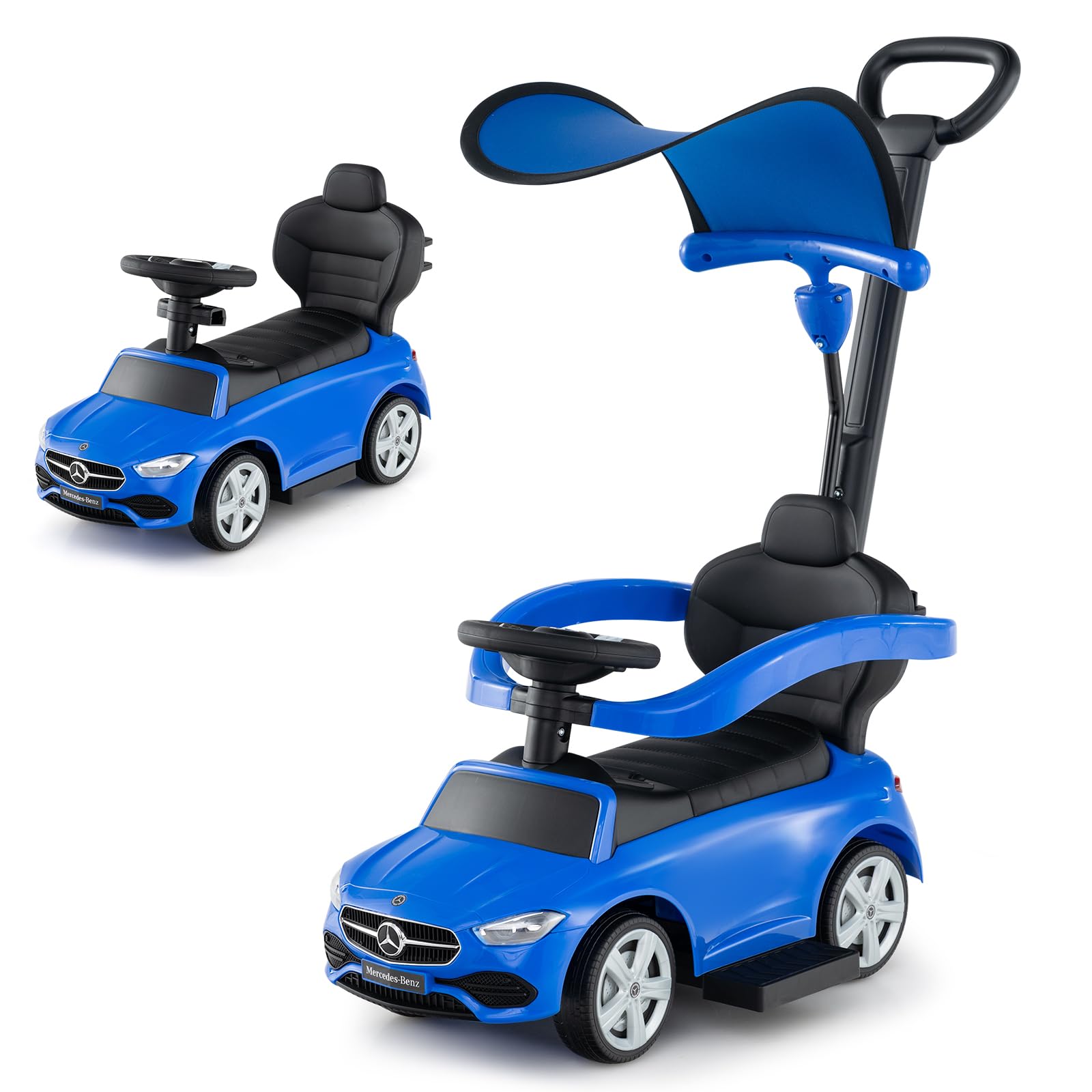 COSTWAY 3 in 1 Ride on Push Car, Mercedes-Benz Licensed Toddler Sliding Car with Steering Handle and Wheel, Horn, Adjustable Canopy, Foot to Floor Slider for Boys Girls 18-36 Months Old (Blue) — image 1