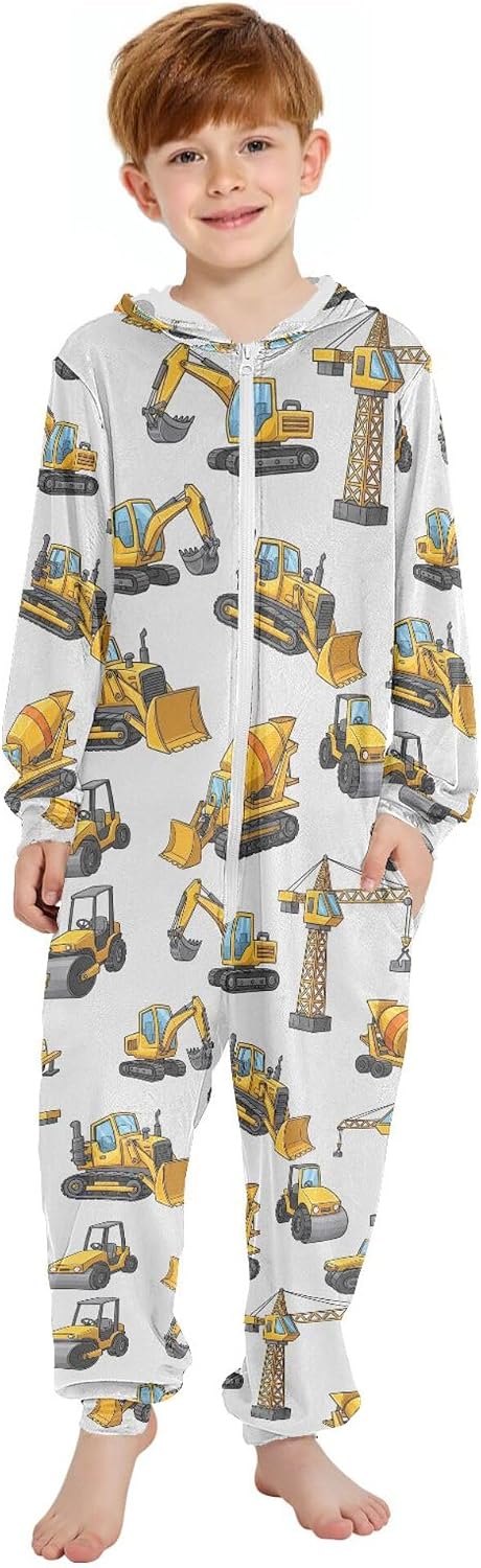 Exnundod Onesie Pajamas One Piece Costume Cosplay Construction Vehicles Seamless Pattern Sleepwear Homewear 4-14Y