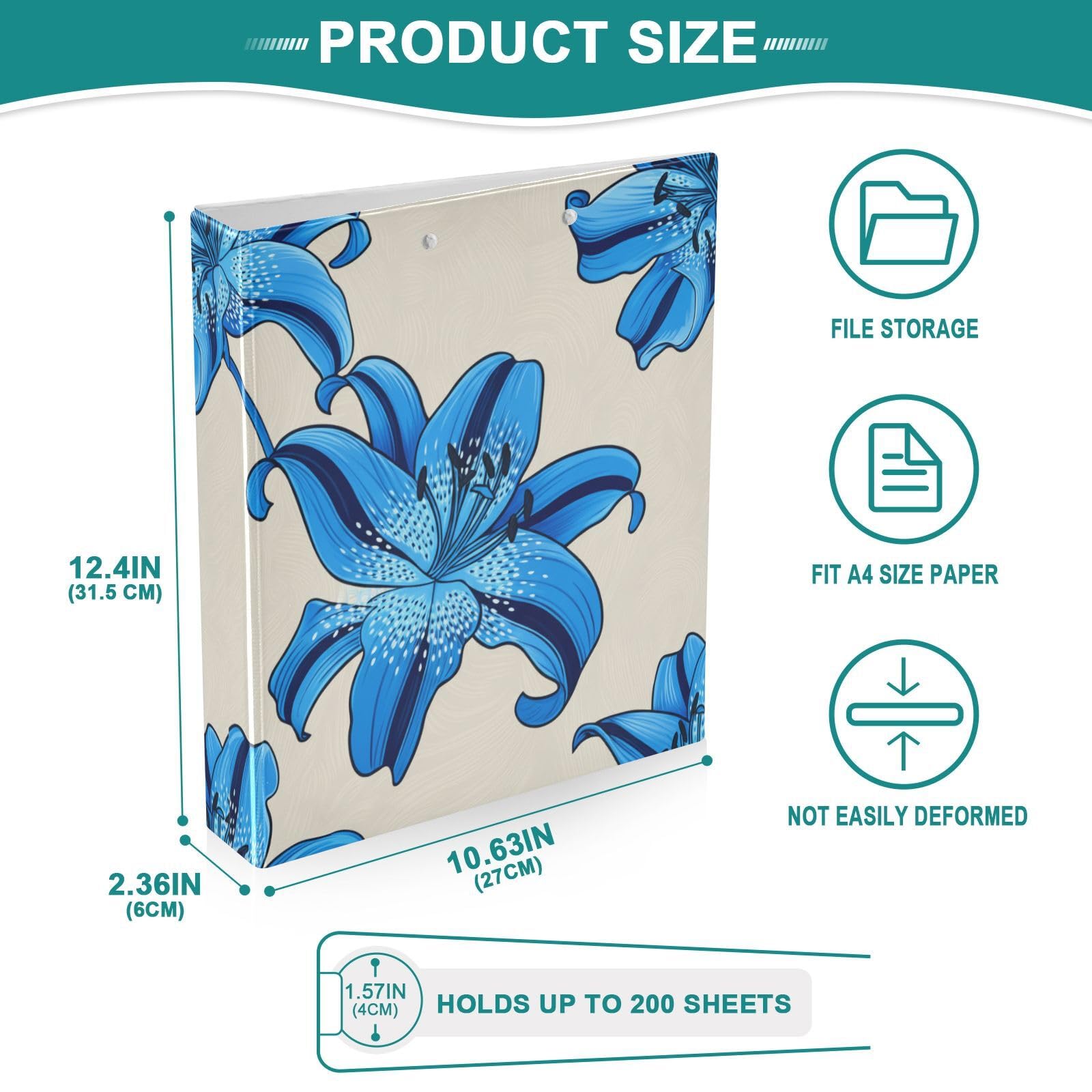 Raccoglitore a tre anelli con motivo floreale blu e beige, 3,8 cm, flessibile, con tasche, 3 raccoglitori ad anelli per scuola, università, ufficio (confezione da 2)