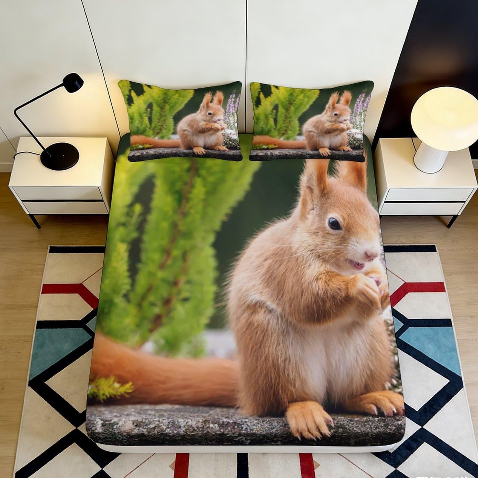 3D Printed Squirrel Forest Fitted Sheet Microfiber Non-Slip Cute Woodland Bed Cover for Bedroom Dorm Decor 90x200x25cm